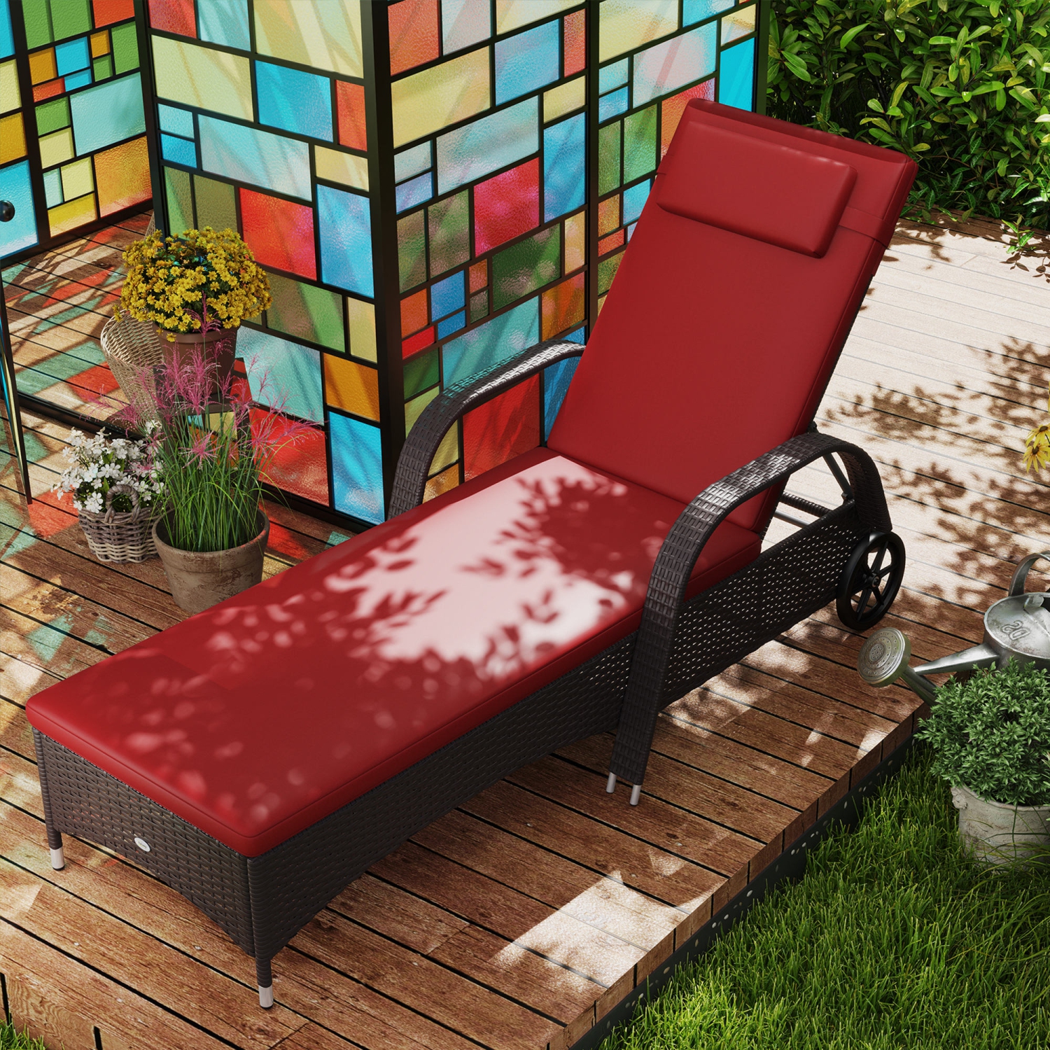 Chaise longue en osier Outsunny, chaise longue d'extérieur, chaise longue de patio en rotin PE avec appuie-tête, dossier réglable en hauteur à 5