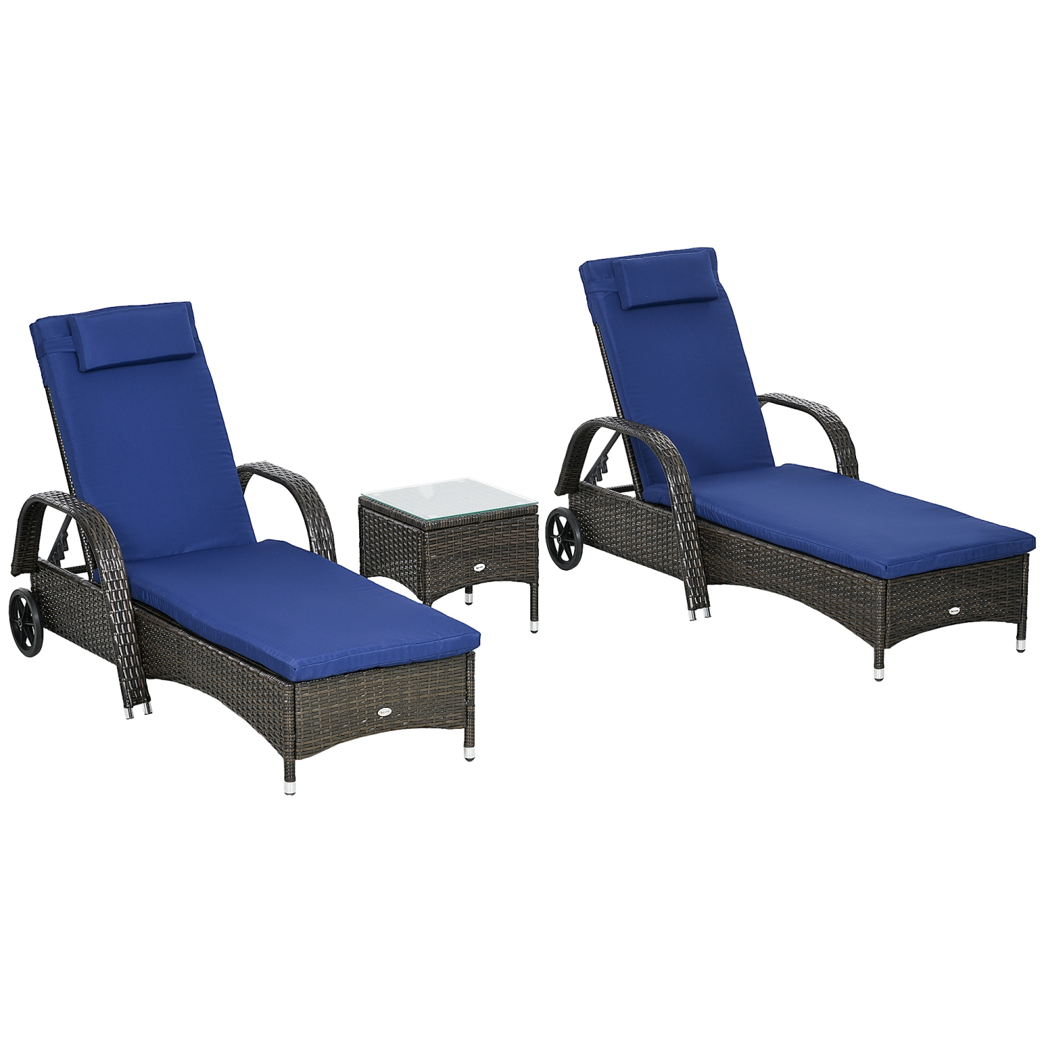 Ensemble de 3 chaises longues en osier Outsunny avec table, ensemble de chaises longues d'extérieur en rotin PE avec coussins, roulettes, dossier