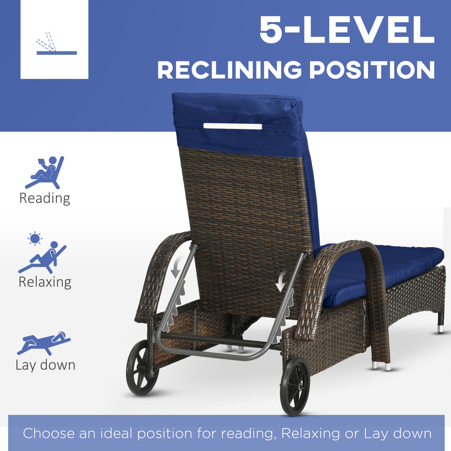 Ensemble de 3 chaises longues en osier Outsunny avec table, ensemble de chaises longues d'extérieur en rotin PE avec coussins, roulettes, dossier