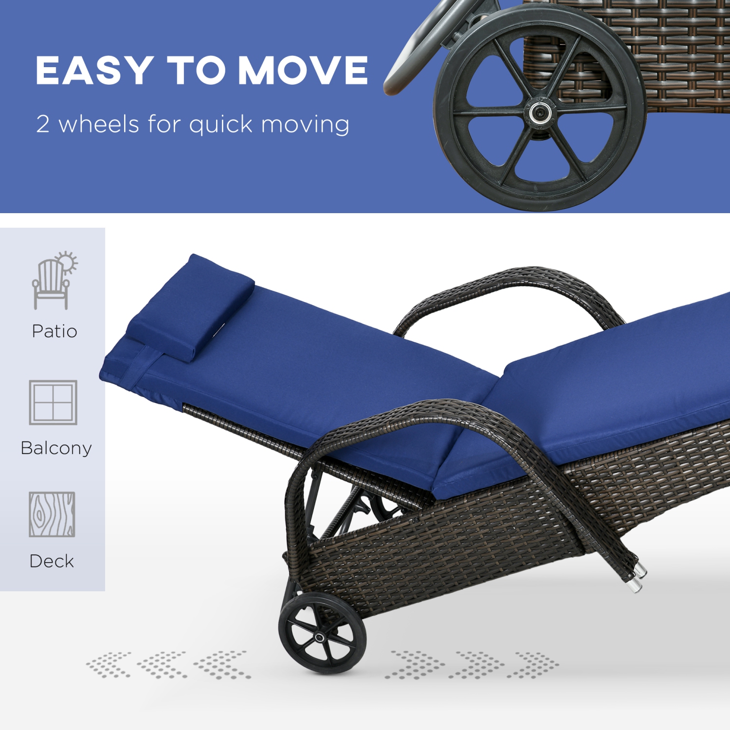 Ensemble de 3 chaises longues en osier Outsunny avec table, ensemble de chaises longues d'extérieur en rotin PE avec coussins, roulettes, dossier