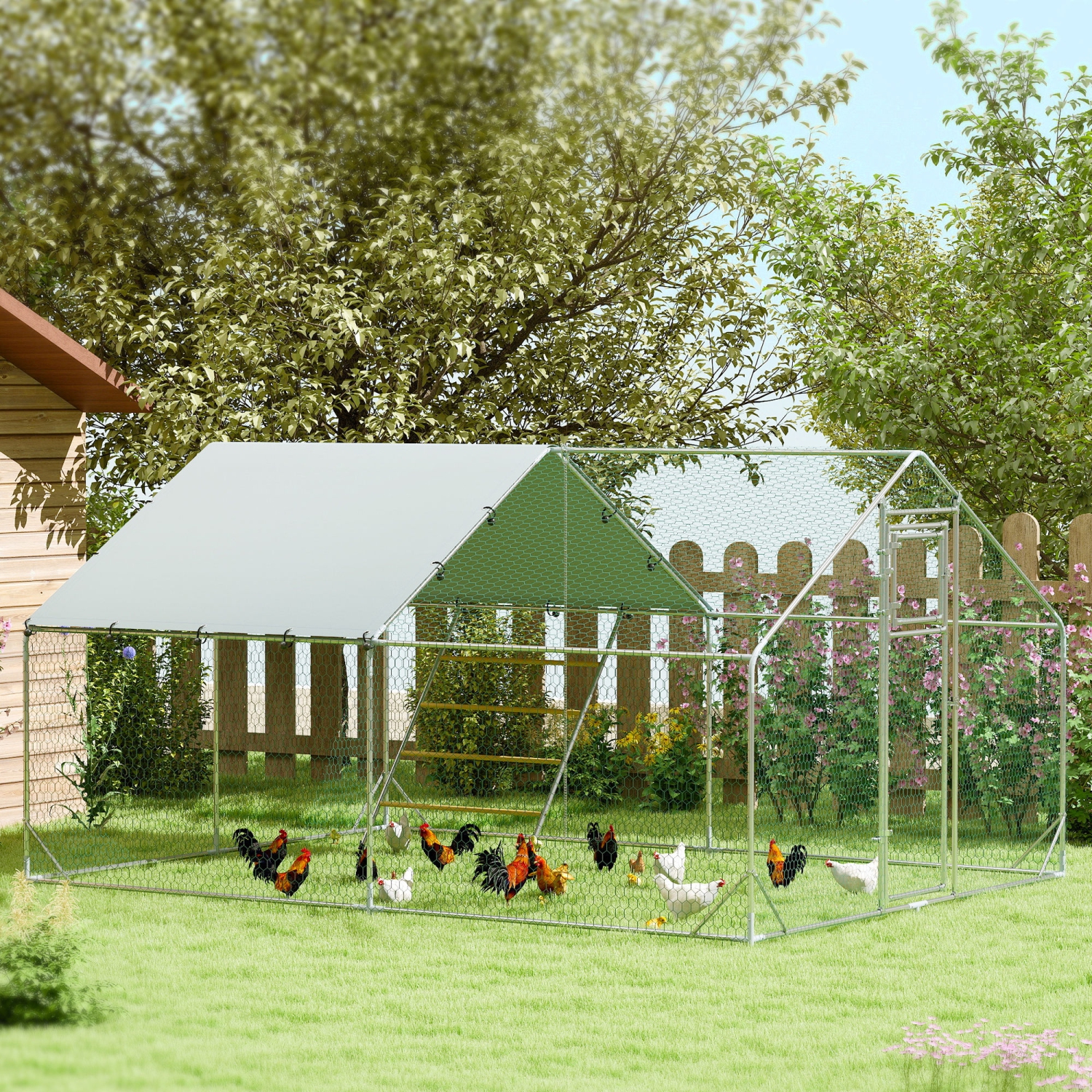 PawHut Chicken Run, Large Metal Chicken Coop with Feeding Door, Waterproof & UV-Resistant Cover, Hanging Feeder, Perch, Poultry Cage for Outdoor,