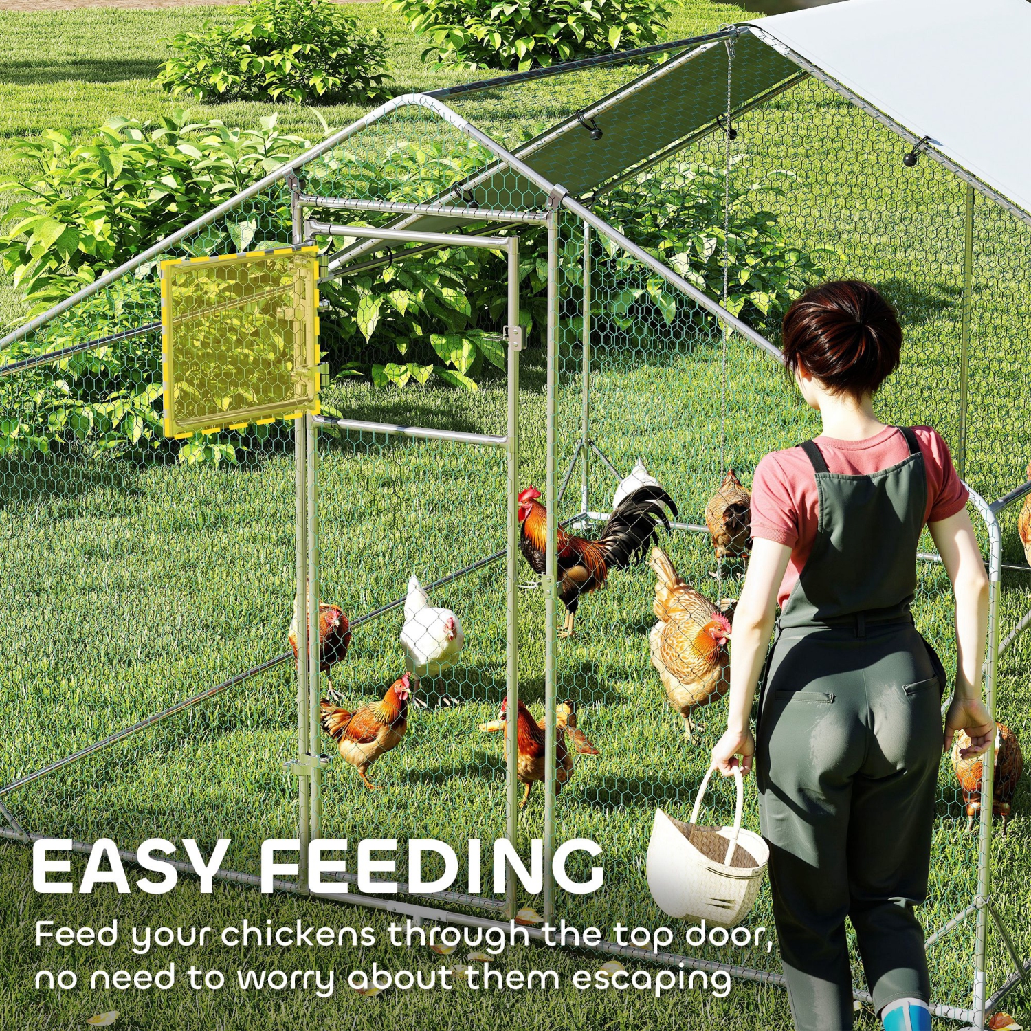 PawHut Chicken Run, Large Metal Chicken Coop with Feeding Door, Waterproof & UV-Resistant Cover, Hanging Feeder, Perch, Poultry Cage for Outdoor,
