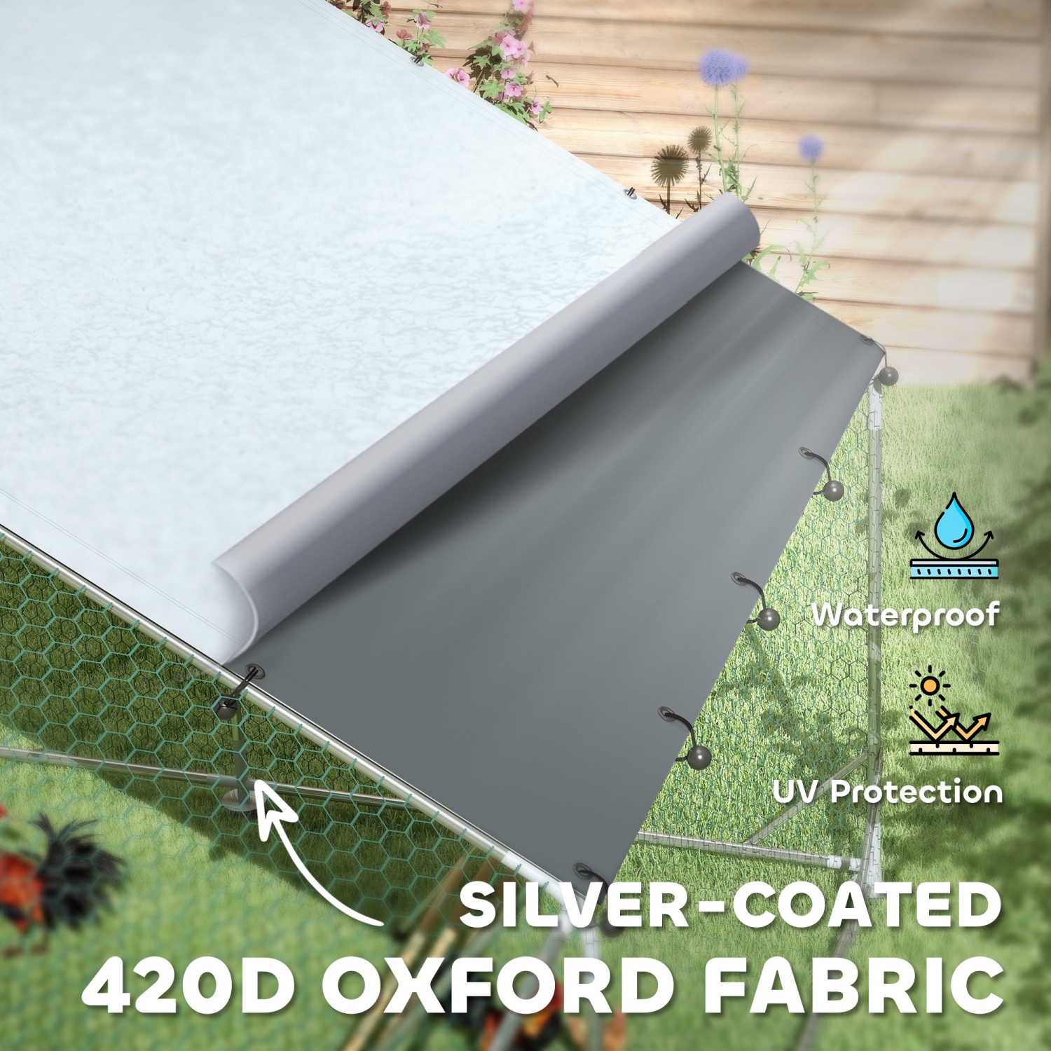 PawHut Chicken Run, Large Metal Chicken Coop with Feeding Door, Waterproof & UV-Resistant Cover, Hanging Feeder, Perch, Poultry Cage for Outdoor,