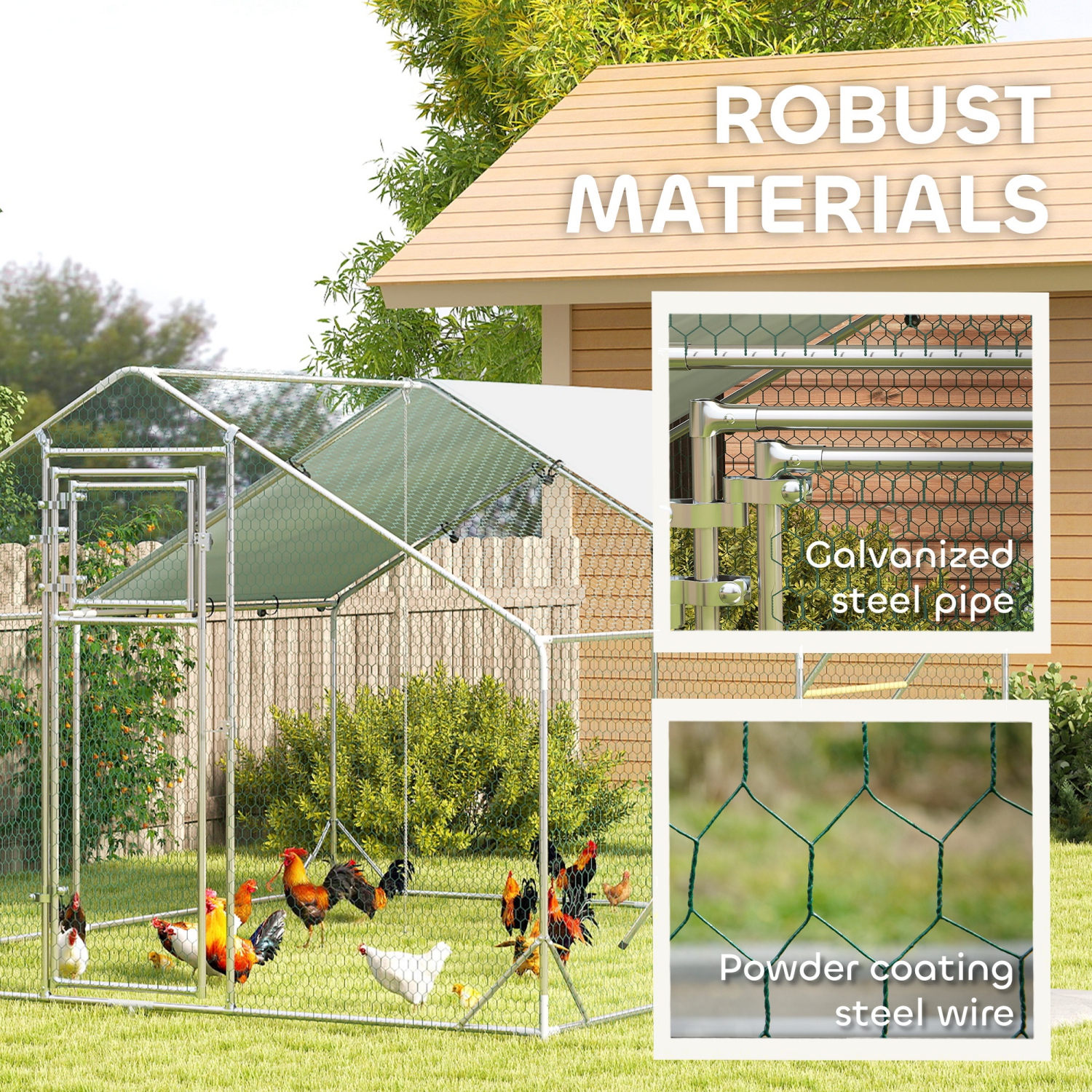 PawHut Chicken Run, Large Metal Chicken Coop with Feeding Door, Waterproof & UV-Resistant Cover, Hanging Feeder, Perch, Poultry Cage for Outdoor,