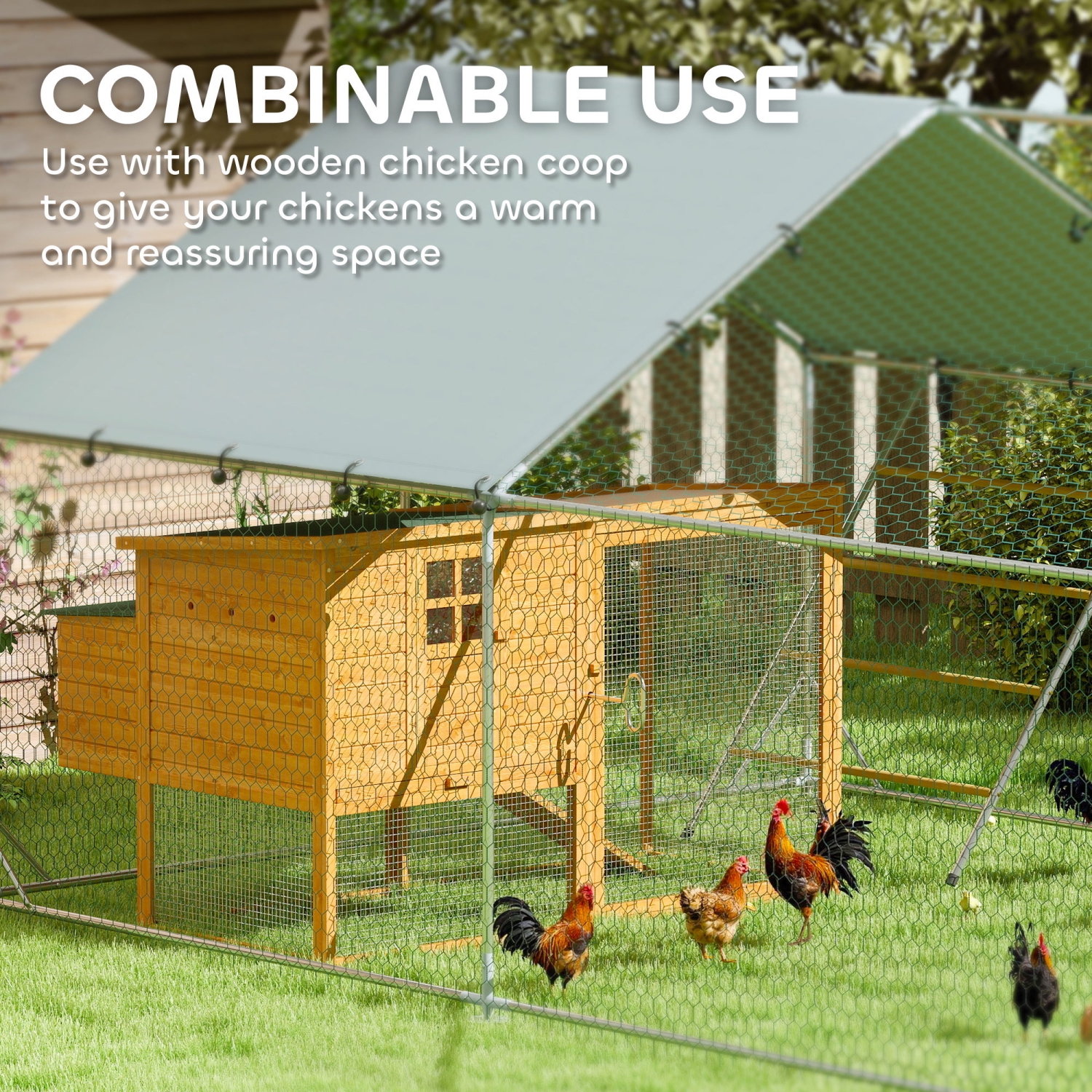 PawHut Chicken Run, Large Metal Chicken Coop with Feeding Door, Waterproof & UV-Resistant Cover, Hanging Feeder, Perch, Poultry Cage for Outdoor,
