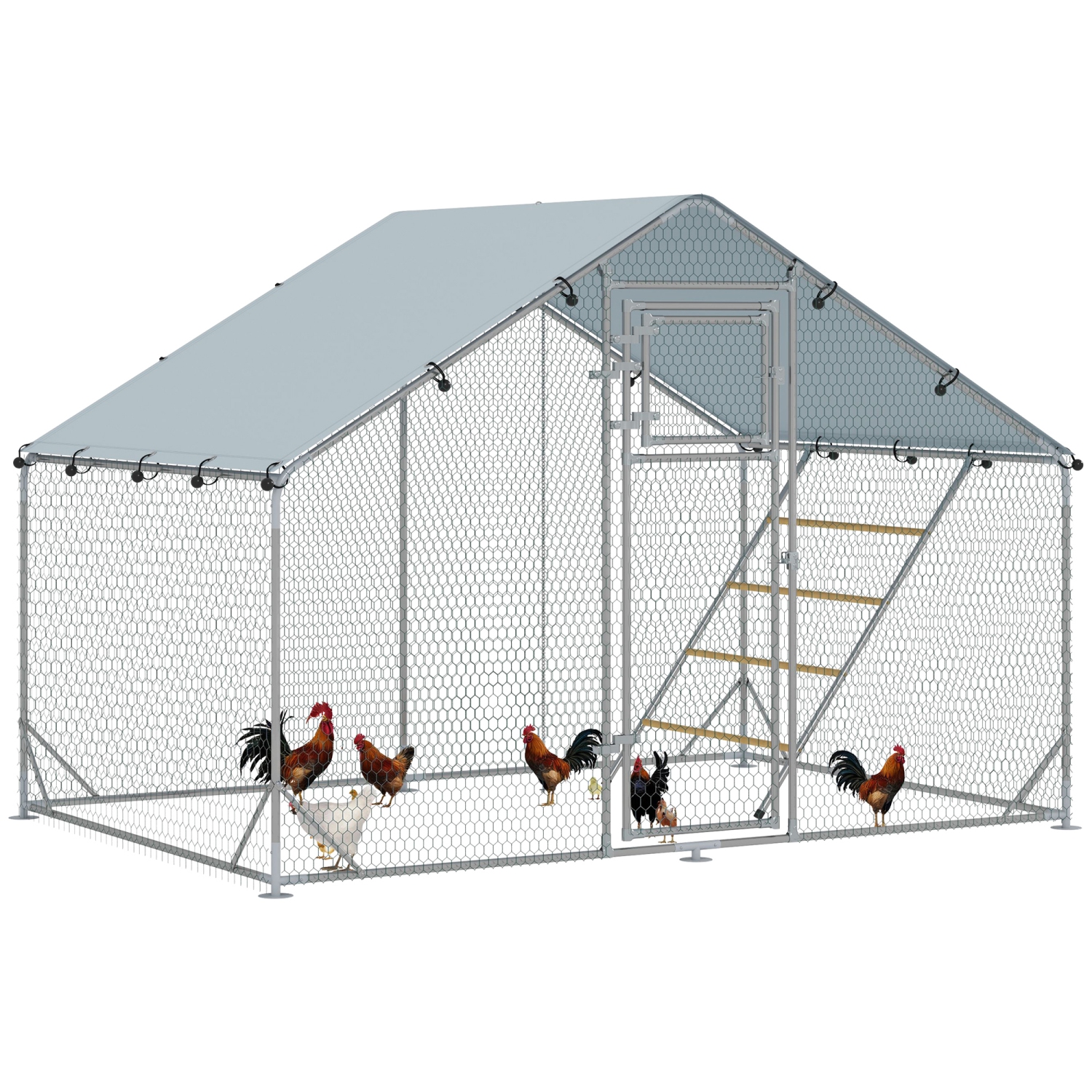 PawHut Chicken Run, Large Metal Chicken Coop with Feeding Door, Waterproof & UV-Resistant Cover, Hanging Feeder, Perch, Poultry Cage for Outdoor,