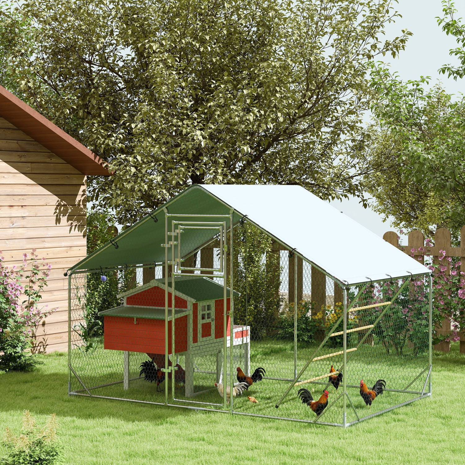 PawHut Chicken Run, Large Metal Chicken Coop with Feeding Door, Waterproof & UV-Resistant Cover, Hanging Feeder, Perch, Poultry Cage for Outdoor,