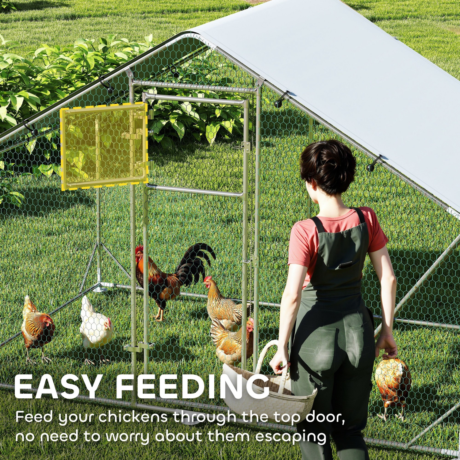 PawHut Chicken Run, Large Metal Chicken Coop with Feeding Door, Waterproof & UV-Resistant Cover, Hanging Feeder, Perch, Poultry Cage for Outdoor,