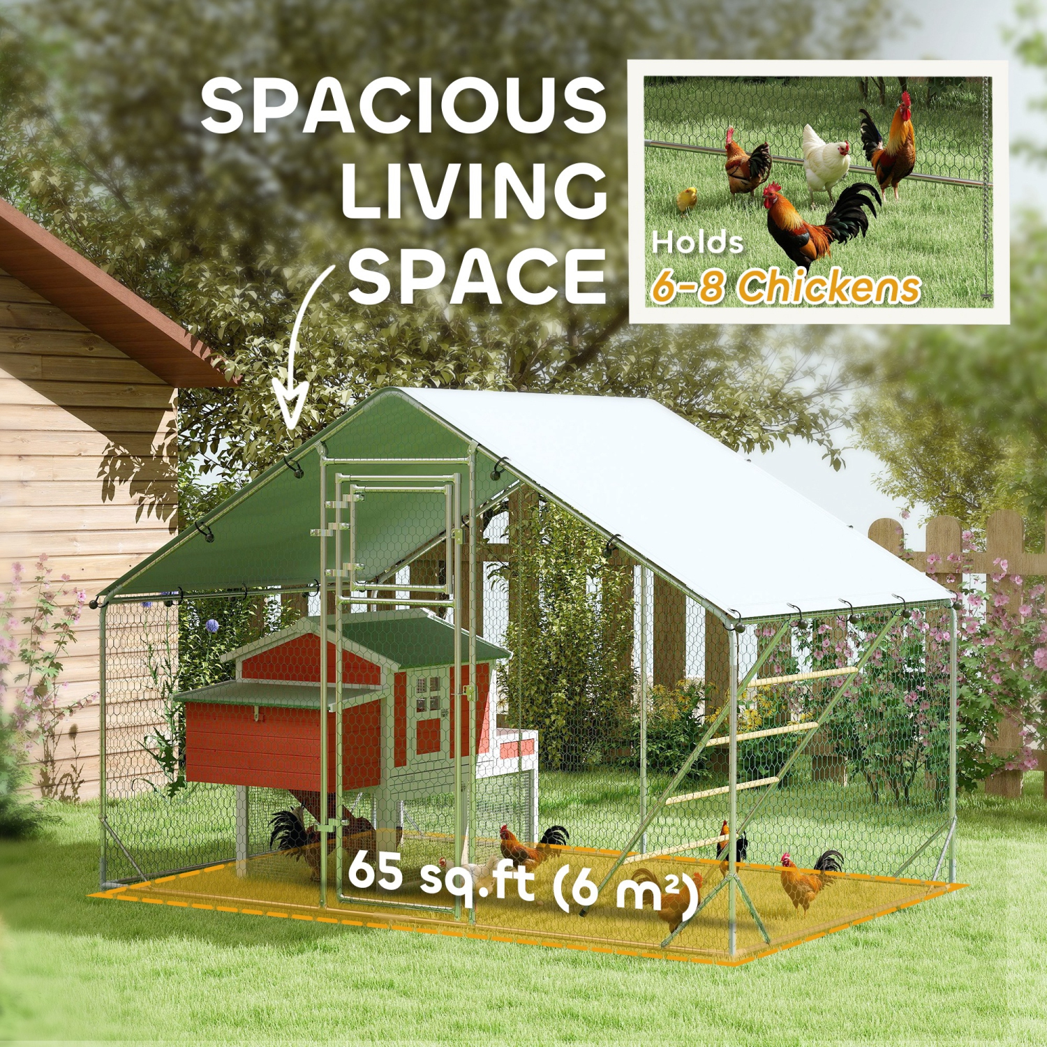 PawHut Chicken Run, Large Metal Chicken Coop with Feeding Door, Waterproof & UV-Resistant Cover, Hanging Feeder, Perch, Poultry Cage for Outdoor,