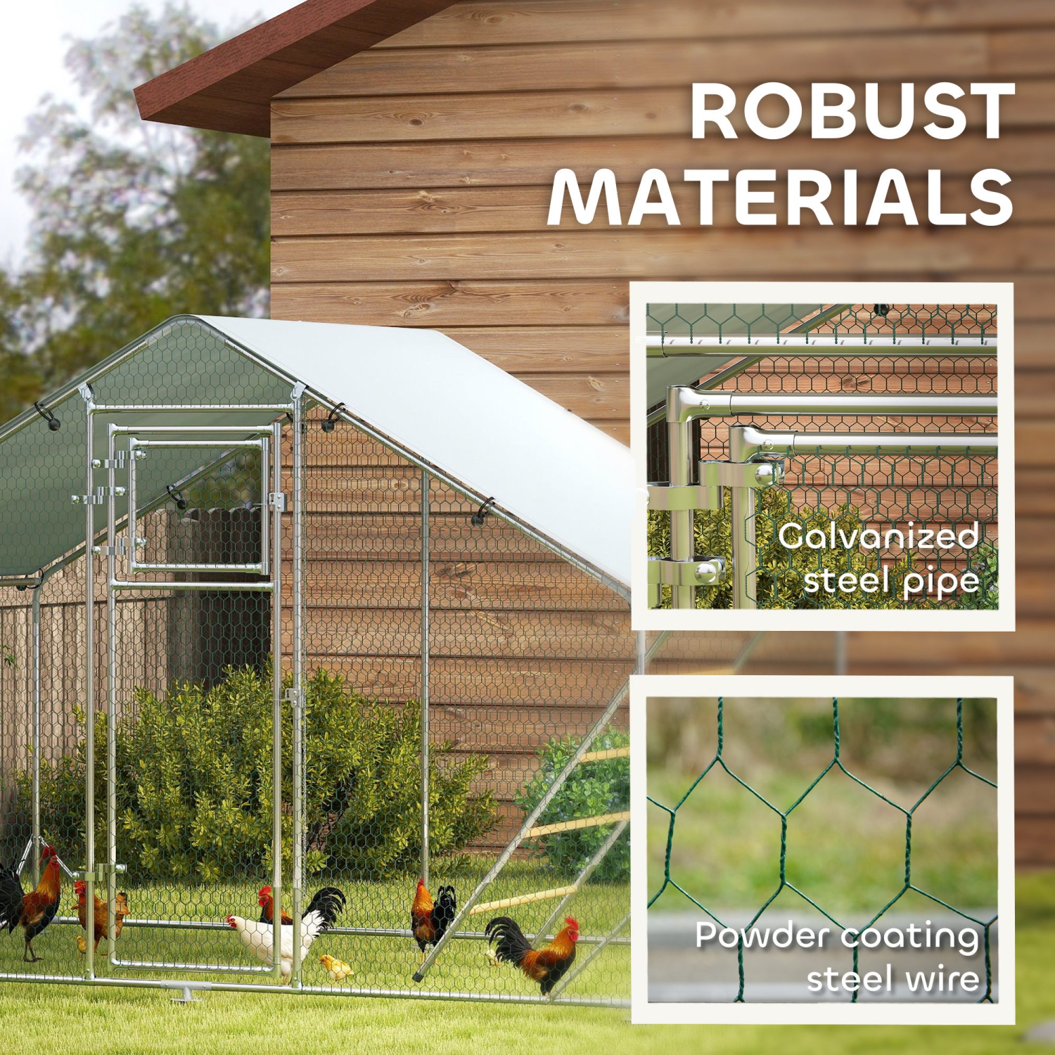 PawHut Chicken Run, Large Metal Chicken Coop with Feeding Door, Waterproof & UV-Resistant Cover, Hanging Feeder, Perch, Poultry Cage for Outdoor,