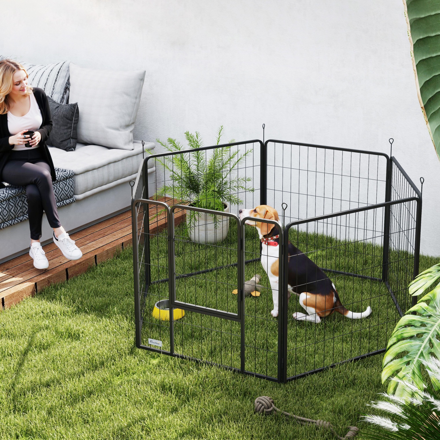 PawHut Dog Playpen, 31.5"W Heavy-Duty Metal Puppy Play Pen, Pet Exercise Fences for Outside and Indoor, DIY Design with Door for Medium Dogs, 6