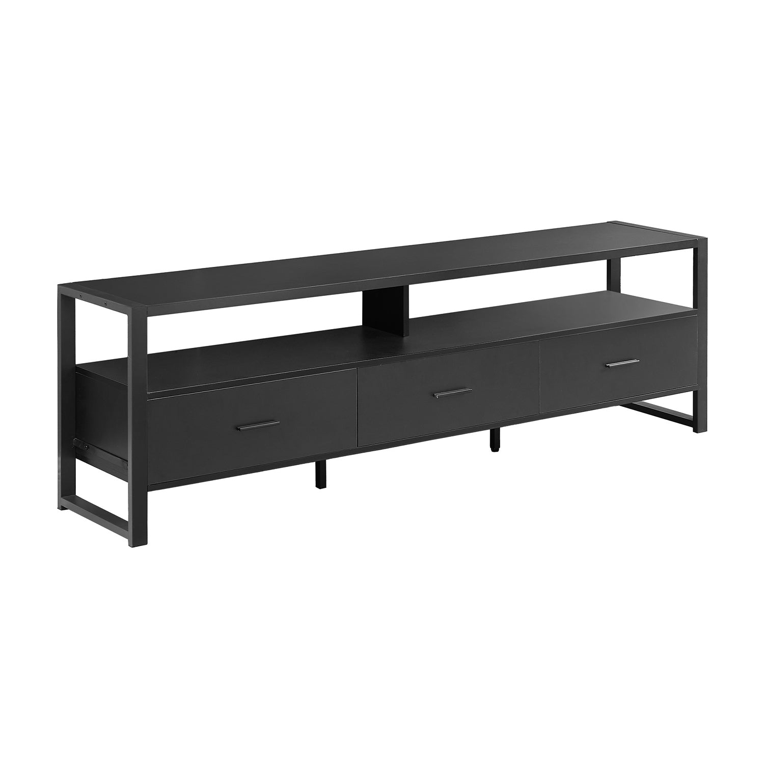 Monarch Specialties I 2845 - Tv Stand, 72 Inch, Media Entertainment Center, Storage Drawers, Black Laminate, Black Metal, Contemporary, Modern