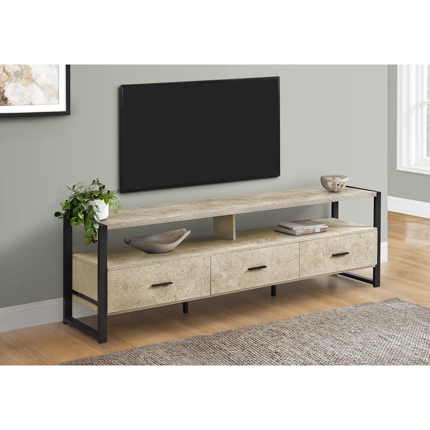 Monarch Specialties I 2846 - Tv Stand, 72 Inch, Media Entertainment Center, Storage Drawers, Cream Stone Laminate, Black Metal, Contemporary, Modern