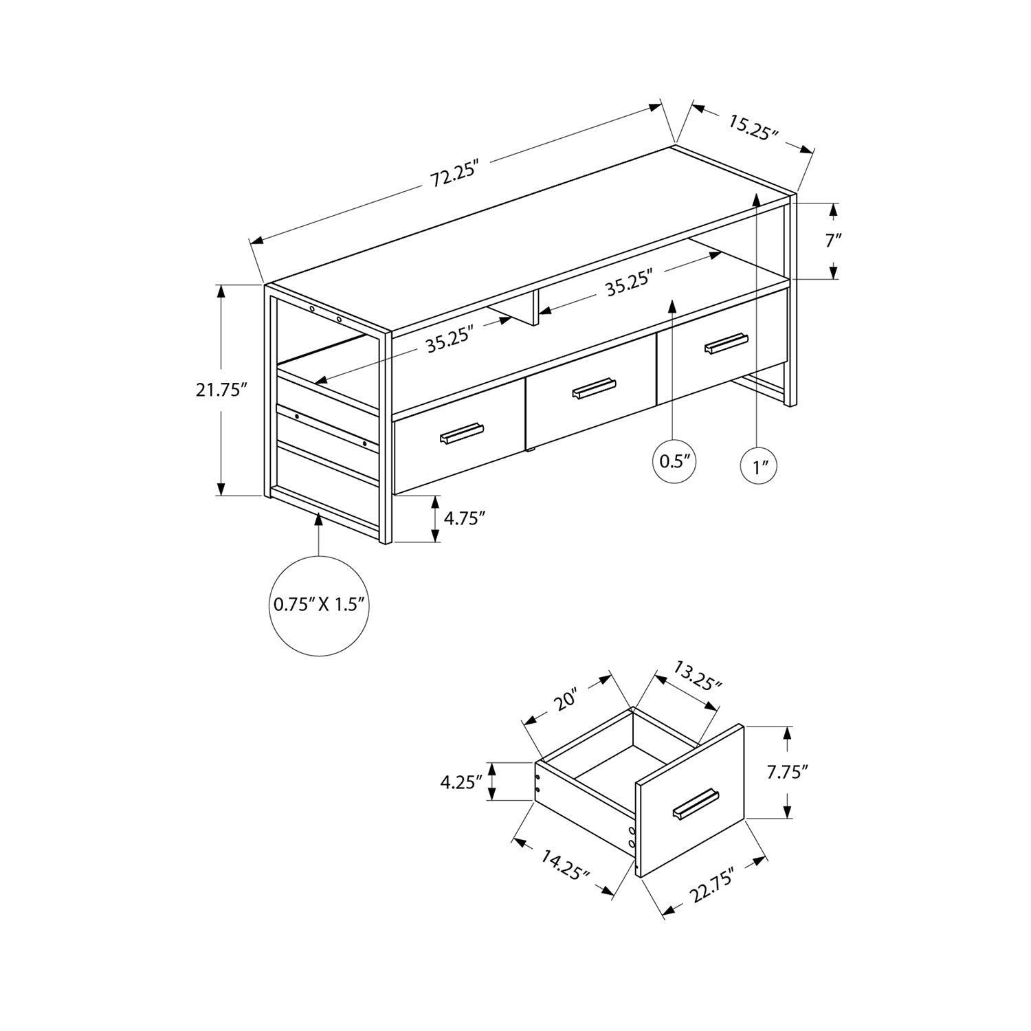 Monarch Specialties I 2846 - Tv Stand, 72 Inch, Media Entertainment Center, Storage Drawers, Cream Stone Laminate, Black Metal, Contemporary, Modern