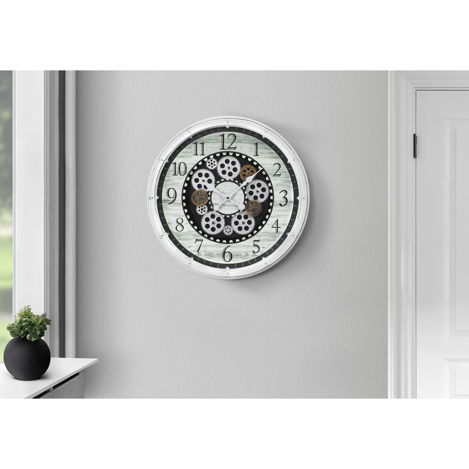 Monarch Specialties I 9059 - Clocks, 20" Round, Gear Mechanism, Wall Clock, Antique White, Transitional