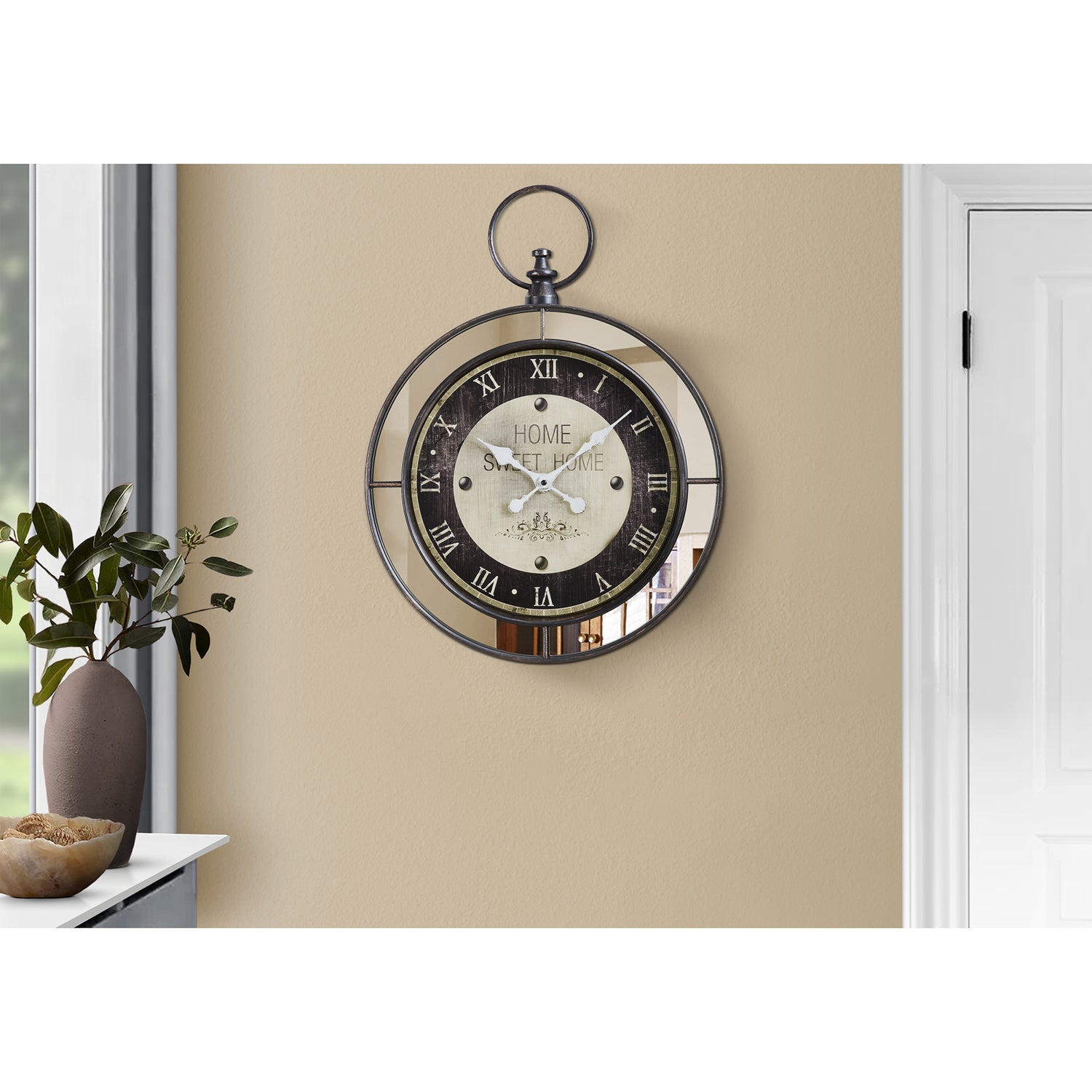 Monarch Specialties I 9091 - Clocks, 18" Round, Wall Clock, Brown, Mirror, Transitional