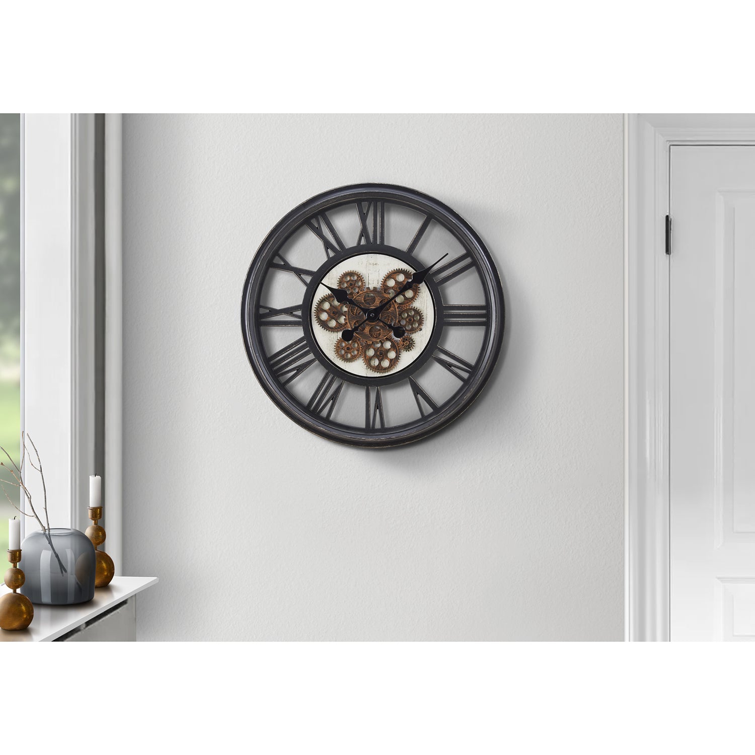 Monarch Specialties I 9064 - Clocks, 20" Round, Gear Mechanism, Wall Clock, Black, Transitional