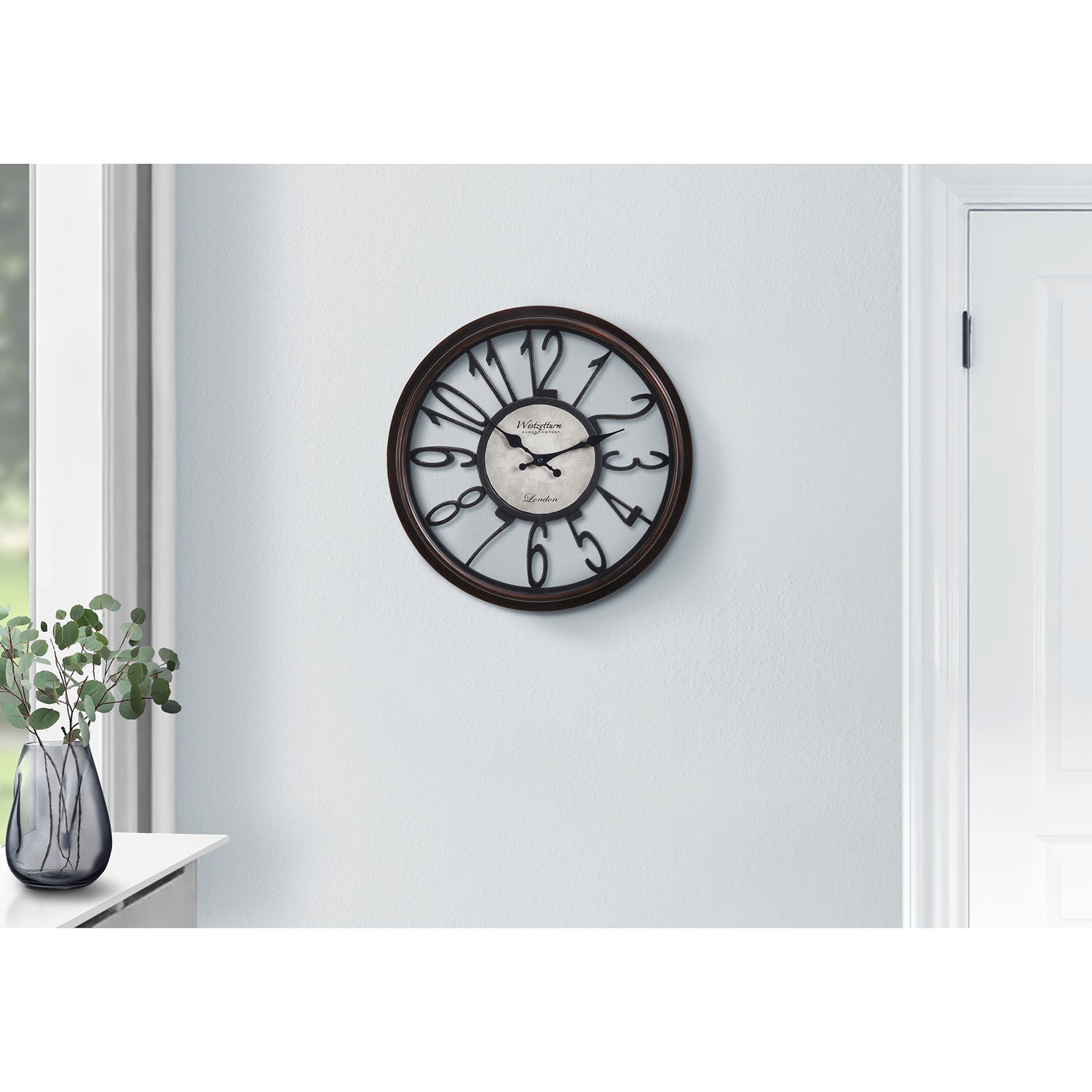 Monarch Specialties I 9084 - Clocks, 16" Round, Wall Clock, Antique Brown, Transitional