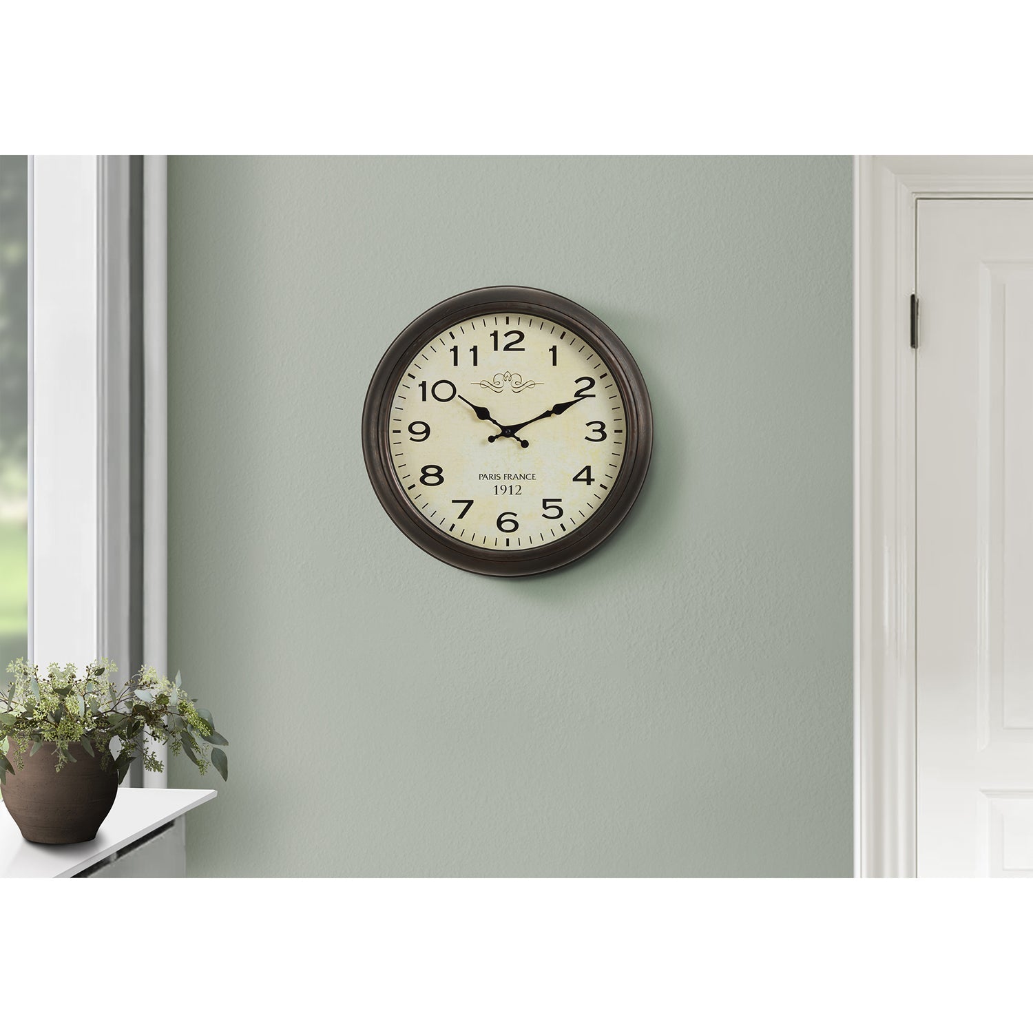 Monarch Specialties I 9080 - Clocks, 16" Round, Wall Clock, Antique Brown, Transitional
