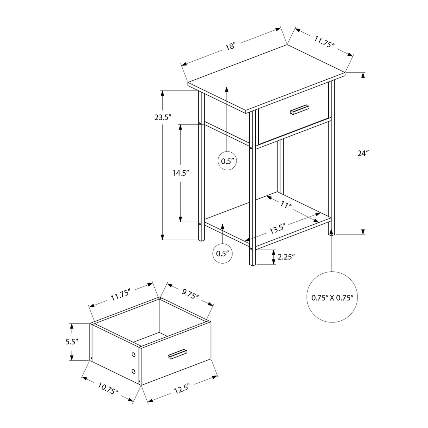Monarch Specialties I 3816 - Table d'appoint, 2 niveaux, bout, lampe, salon, Table d'appoint, tiroir de rangement, petit, stratifié chêne foncé,