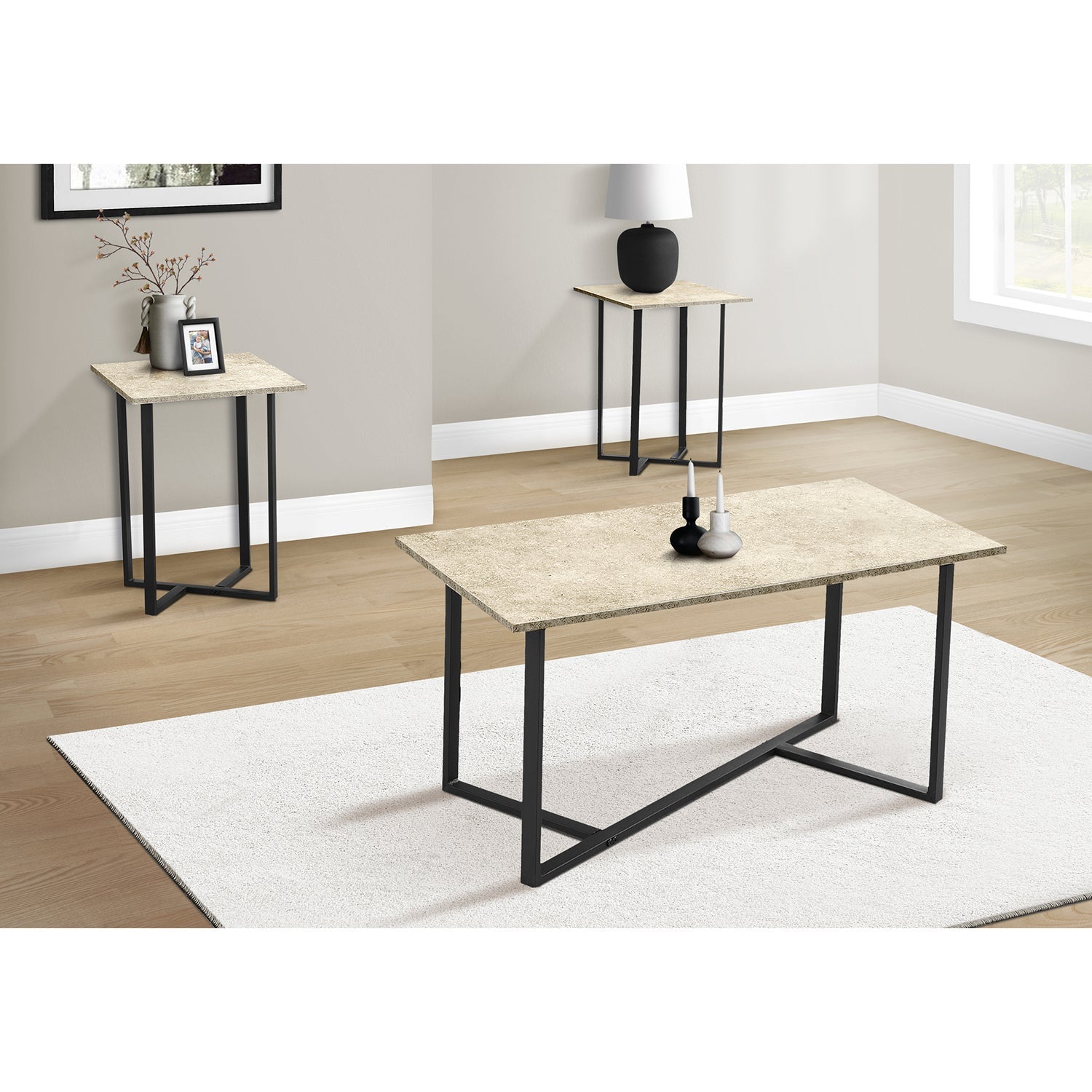 Monarch Specialties I 7974P – Ensemble de table, ensemble de 3 pièces, café, bout, salon, Stratifié pierre crème, métal noir, contemporain, moderne