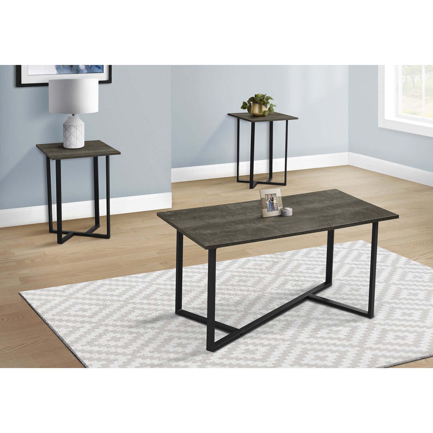 Monarch Specialties I 7975P – Ensemble de table, ensemble de 3 pièces, café, bout, salon, Stratifié bronze foncé, métal noir, contemporain, moderne