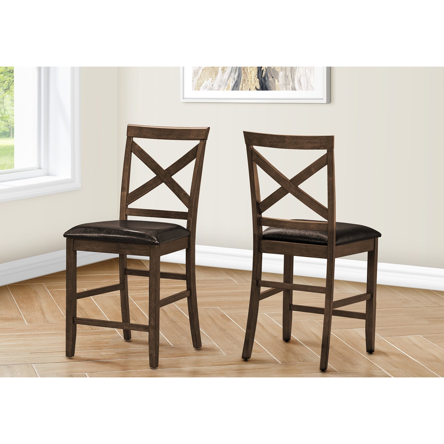 Monarch Specialties I 1388 - Dining Chair, 44" Height, Set Of 2, Side, Upholstered, Counter Height, Dining Room, Kitchen, Dark Walnut, Brown Leather
