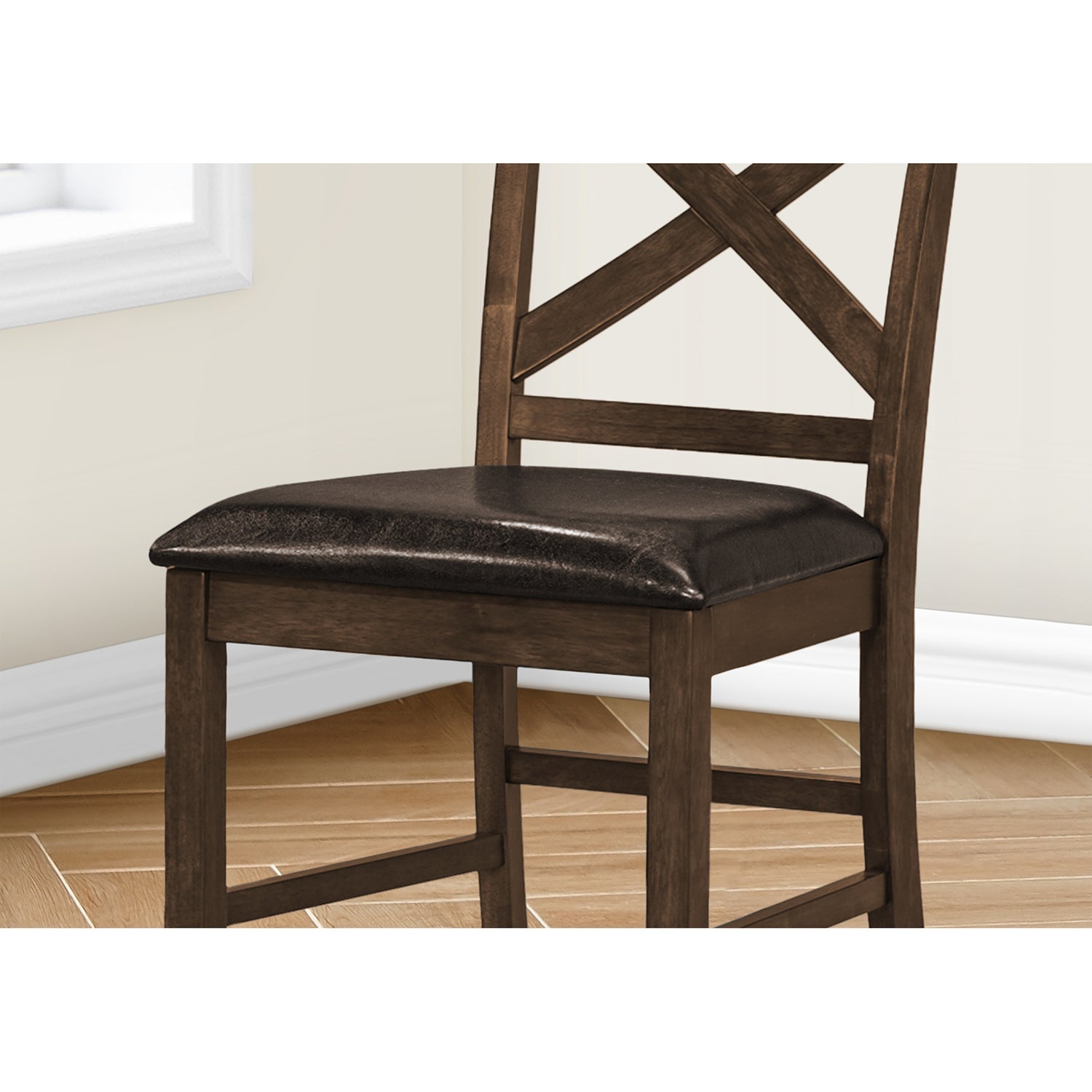 Monarch Specialties I 1388 - Dining Chair, 44" Height, Set Of 2, Side, Upholstered, Counter Height, Dining Room, Kitchen, Dark Walnut, Brown Leather