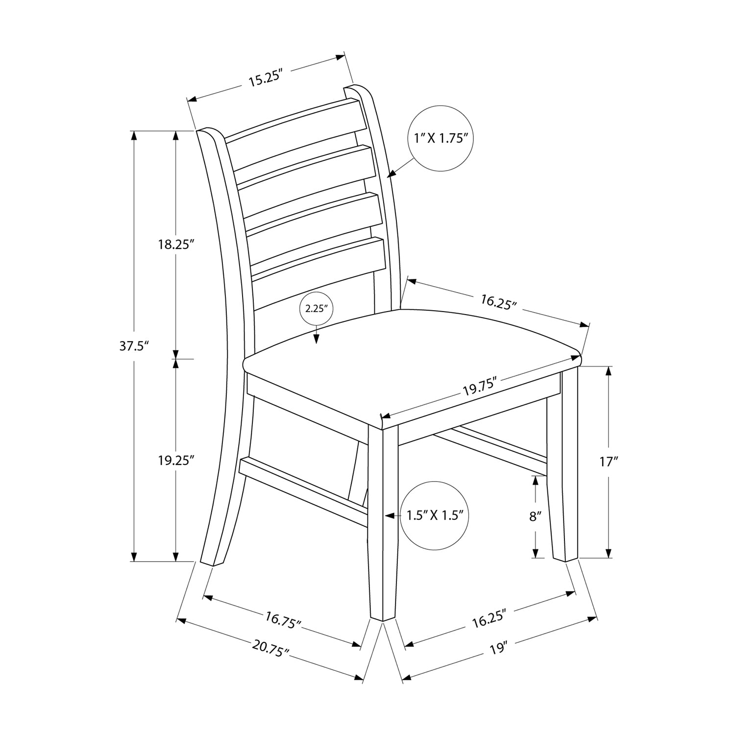 Monarch Specialties I 1342 – Chaise de salle à manger, hauteur de 38&nbsp;po, salle à manger, cuisine, ensemble de 2, Côté, revêtement, brun antique,