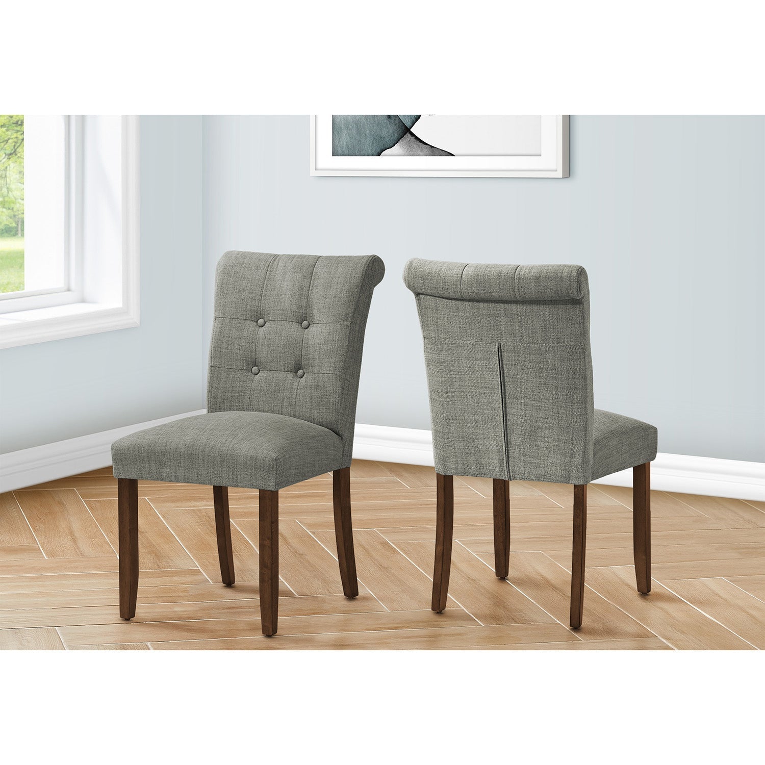 Monarch Specialties I 1218 - Dining Chair, 38" Height, Set Of 2, Upholstered, Dining Room, Side, Kitchen, Grey Fabric, Walnut Wood Legs, Modern