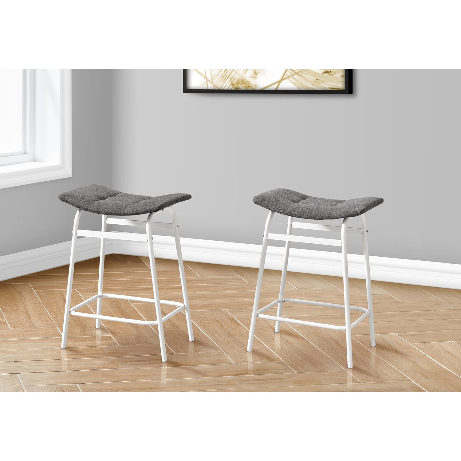 Monarch Specialties I 2387 – Tabouret de bar, hauteur de comptoir, ensemble de 2, cuisine, tissu gris, Métal blanc, contemporain, moderne