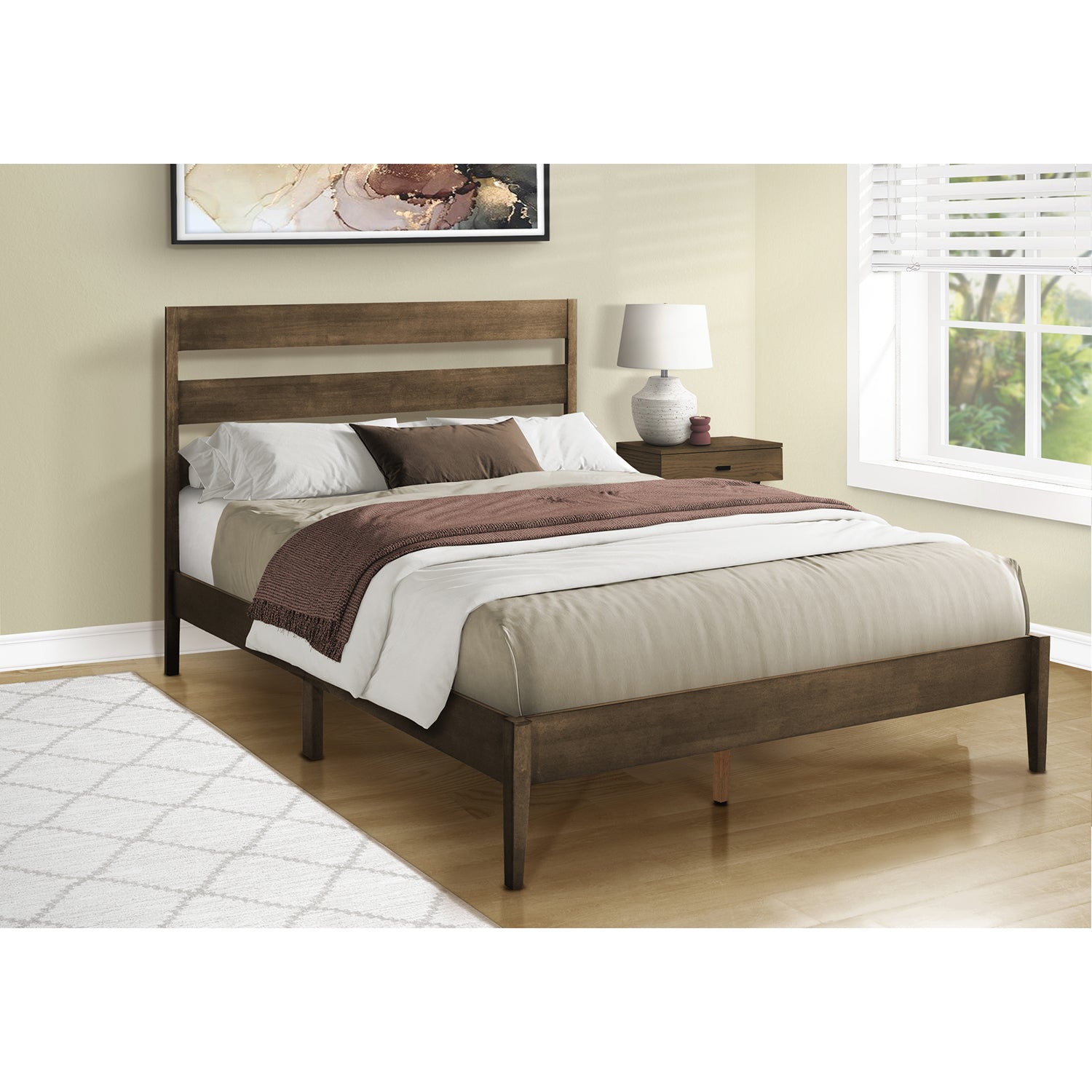 Monarch Specialties I 6066Q - Bed, Queen Size, Frame Only, Platform Bed, Bedroom, Walnut Solid Wood Legs, Walnut Wood Frame, Contemporary, Modern