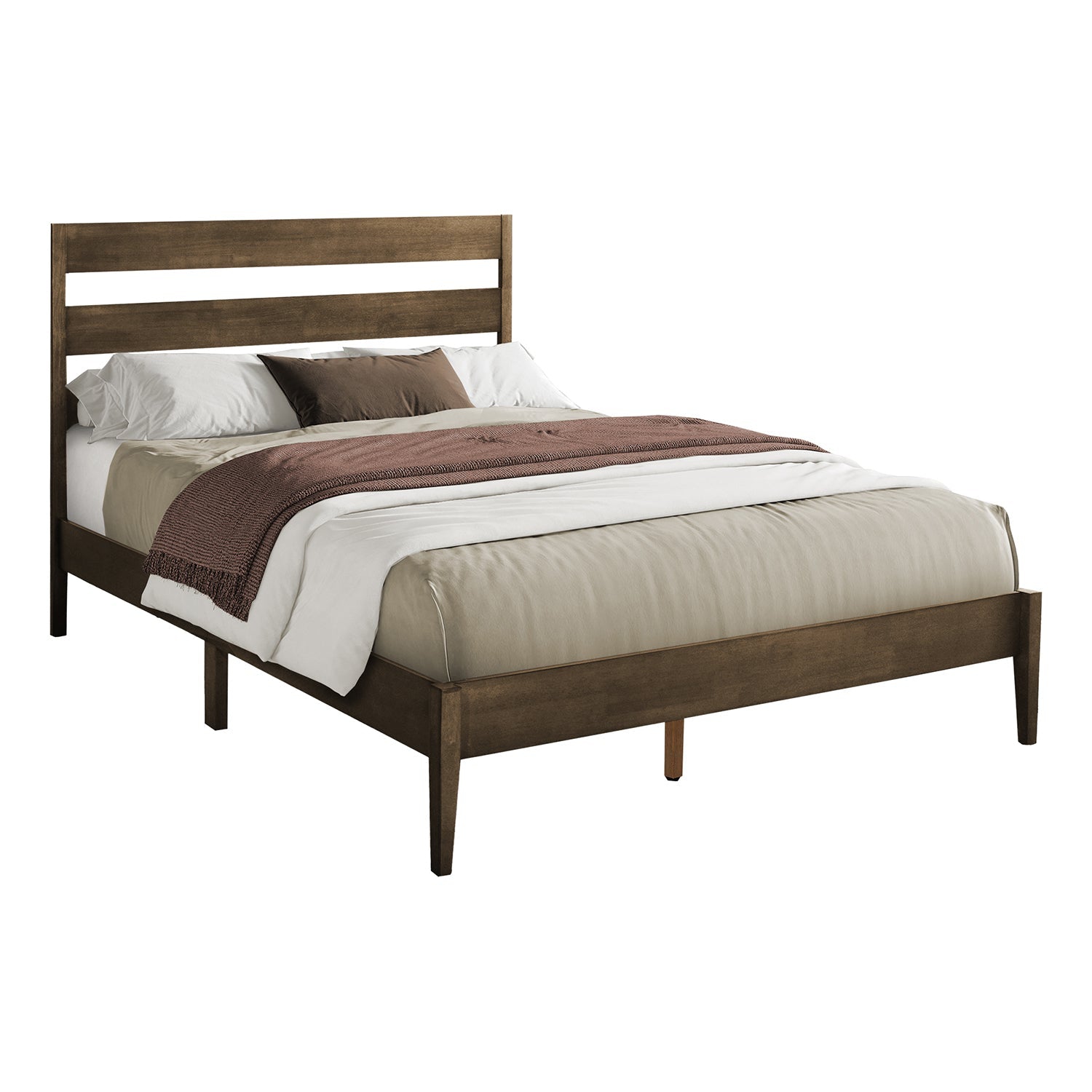 Monarch Specialties I 6066Q - Bed, Queen Size, Frame Only, Platform Bed, Bedroom, Walnut Solid Wood Legs, Walnut Wood Frame, Contemporary, Modern