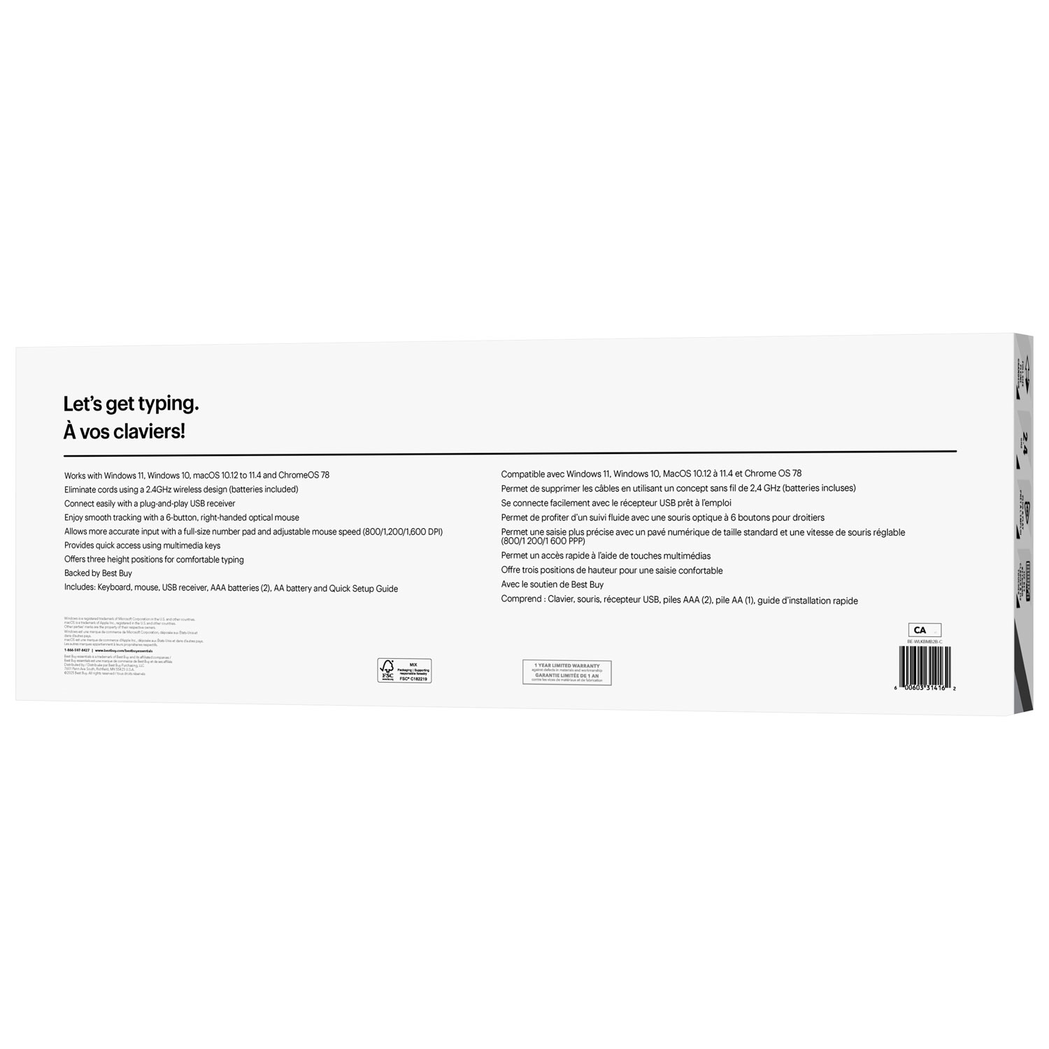 Ensemble clavier et souris ergonomiques sans fil 2,4G de Best Buy Essentials - Anglais