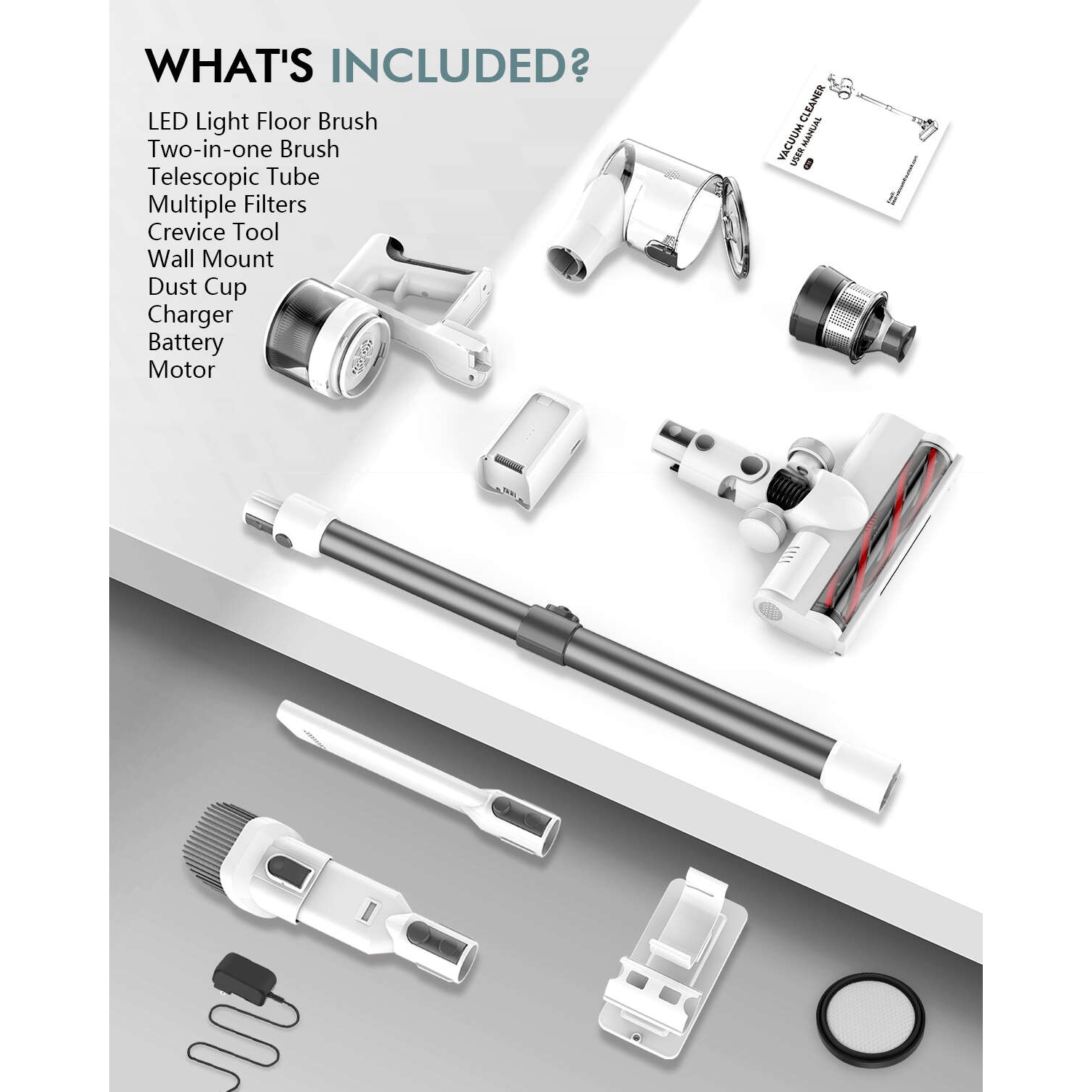 Teendow Powerful 50KPa Cordless Stick Vacuum, Adjustable Vacuum Cleaner with 85,000RPM for Hardwood, Pet Hair, Rug and Carpet, White