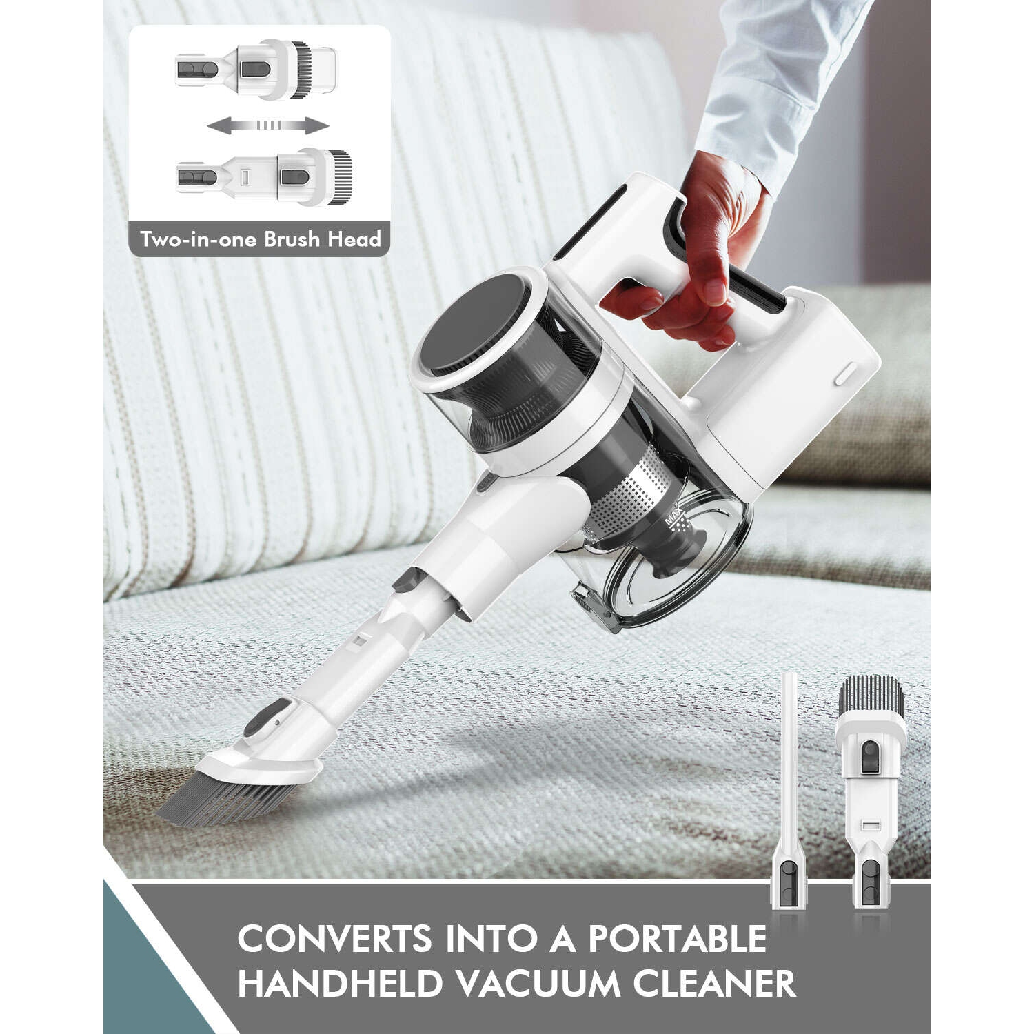 Teendow Powerful 50KPa Cordless Stick Vacuum, Adjustable Vacuum Cleaner with 85,000RPM for Hardwood, Pet Hair, Rug and Carpet, White