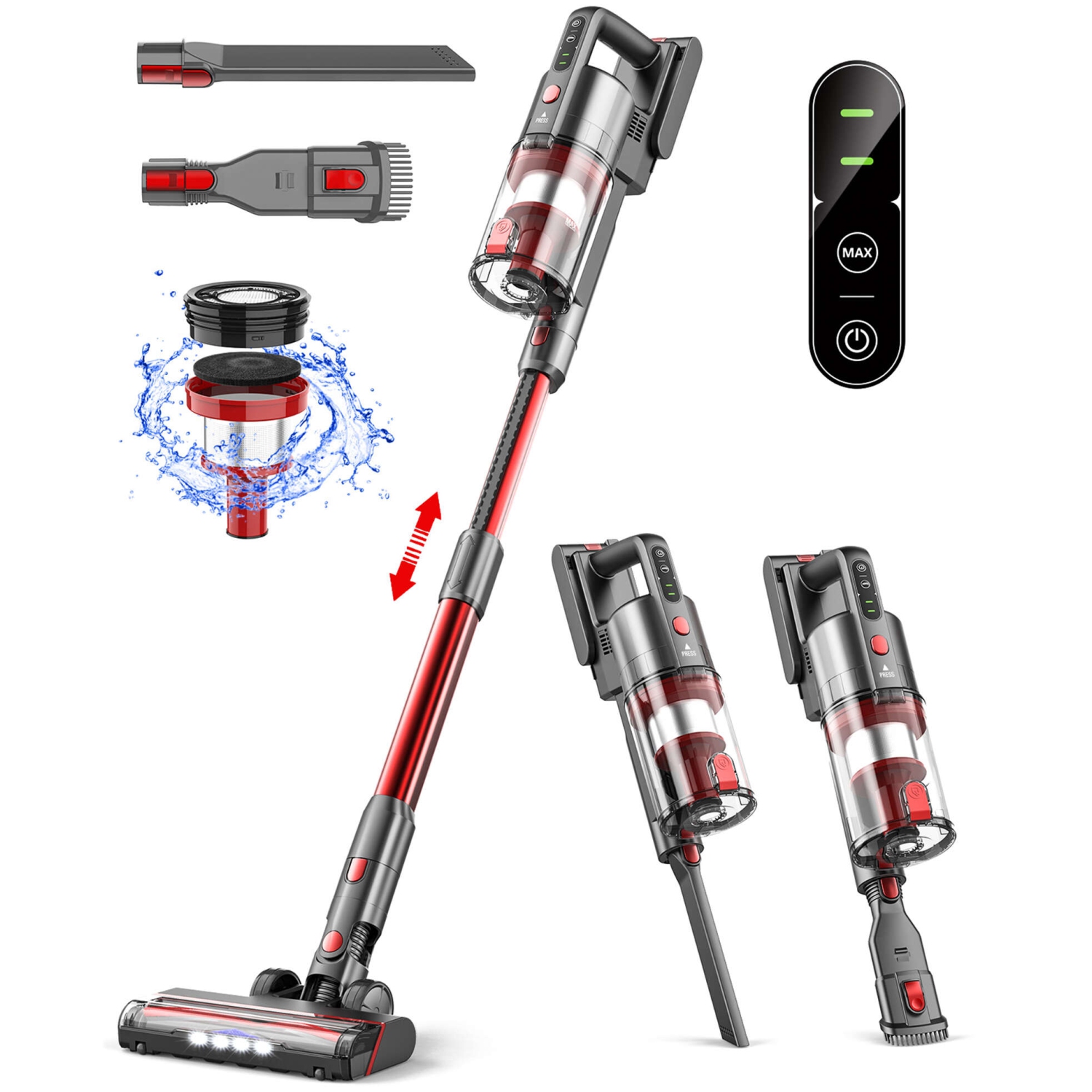 Teendow Cordless 50KPa Stick Vacuum for Hardwood Floor, Carpet and Pet Hair, Bagless Vacuum Cleaner, Red