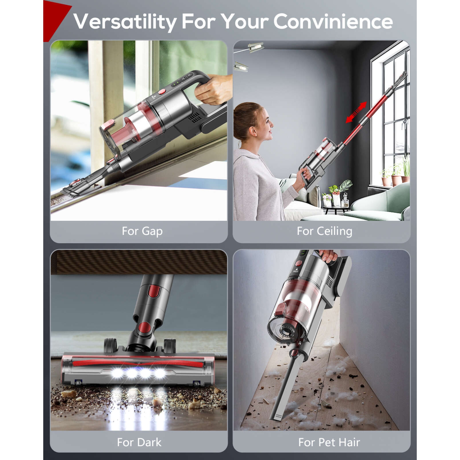 Teendow Cordless 50KPa Stick Vacuum for Hardwood Floor, Carpet and Pet Hair, Bagless Vacuum Cleaner, Red