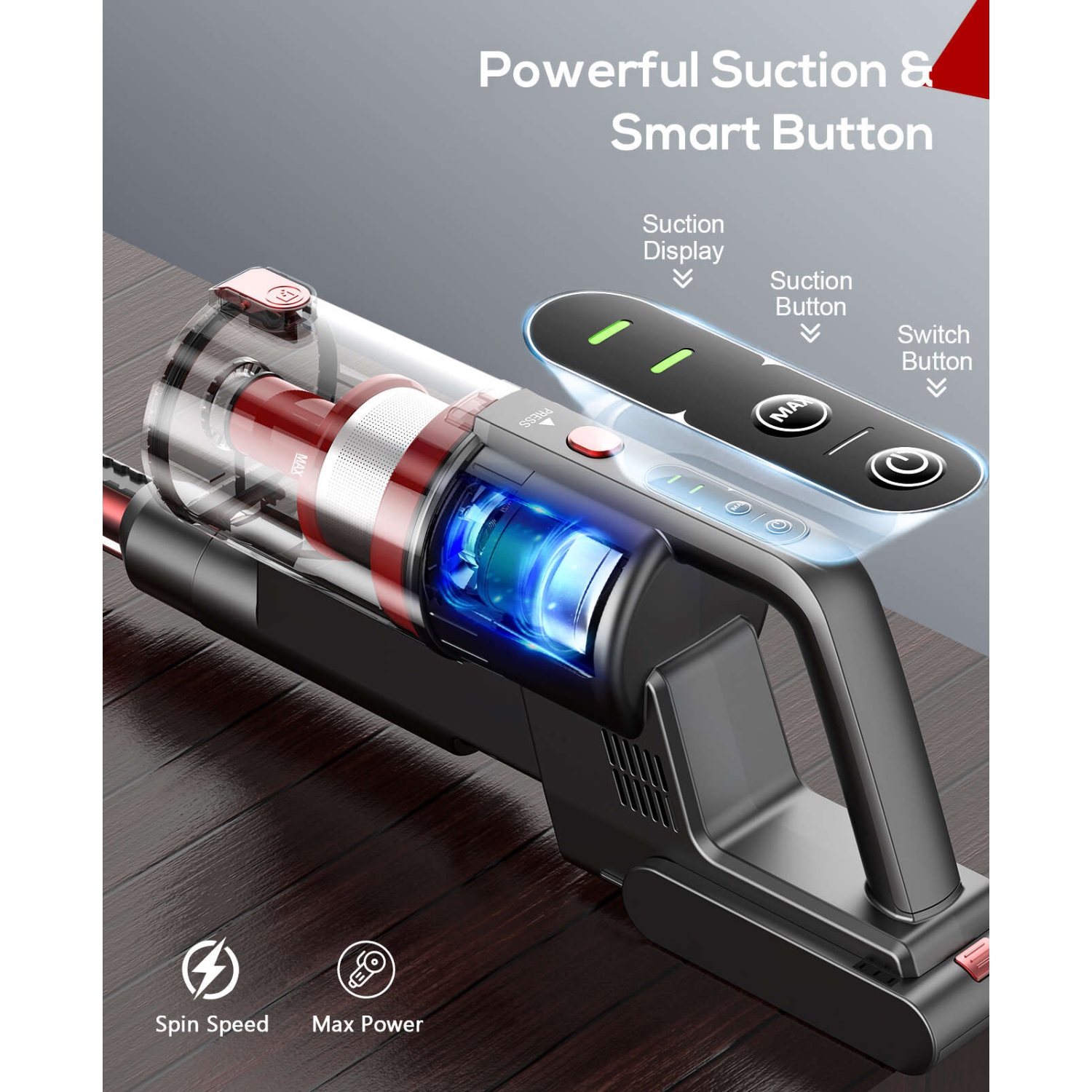 Teendow Cordless 50KPa Stick Vacuum for Hardwood Floor, Carpet and Pet Hair, Bagless Vacuum Cleaner, Red