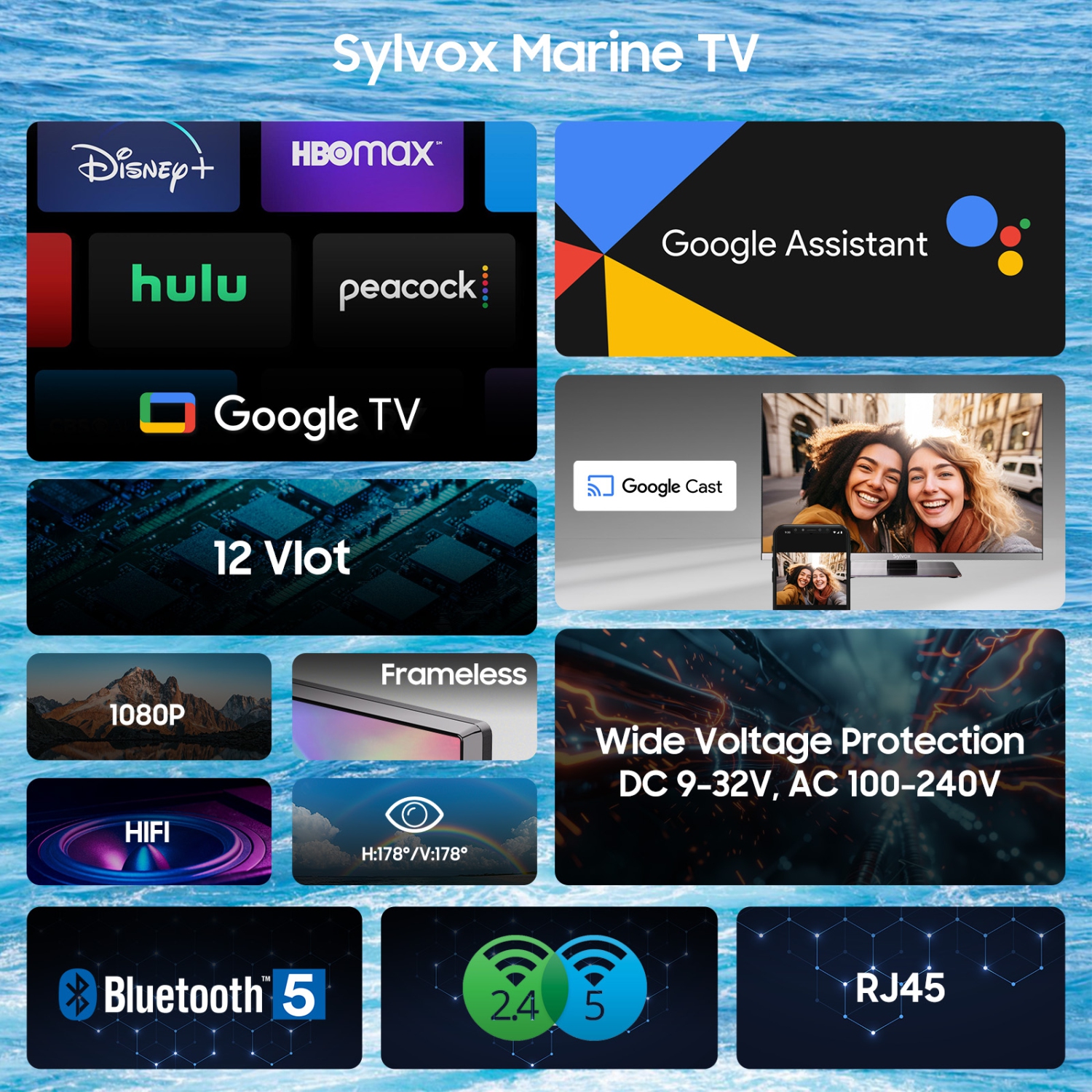 SYLVOX 12 Volt TV, 22" Smart TV with DVD Player, 1080P Newest Google TV Support Download APPs with Google Assistant, AC/DC Powered TV for RV Camper