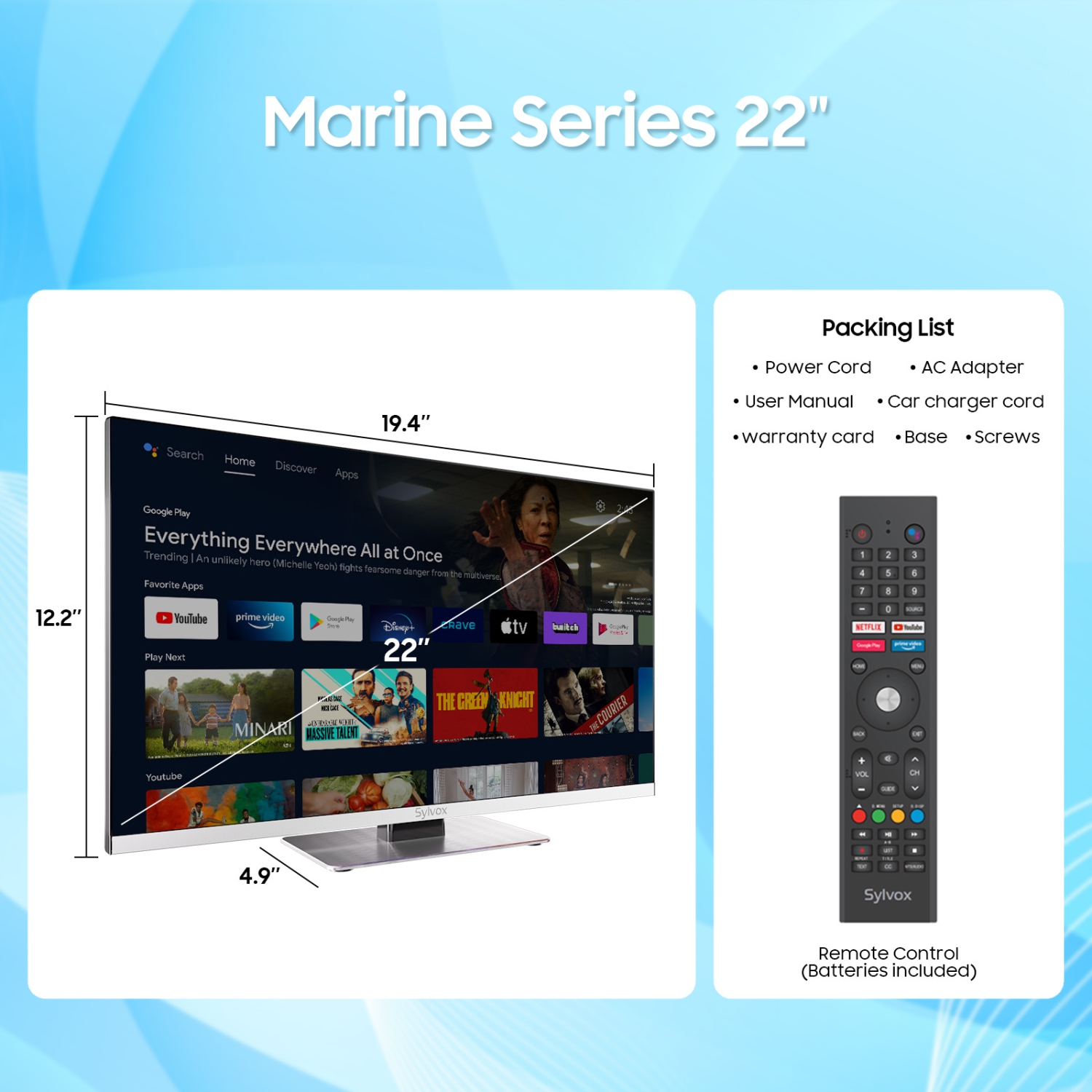 SYLVOX 12 Volt TV, 22" Smart TV with DVD Player, 1080P Newest Google TV Support Download APPs with Google Assistant, AC/DC Powered TV for RV Camper