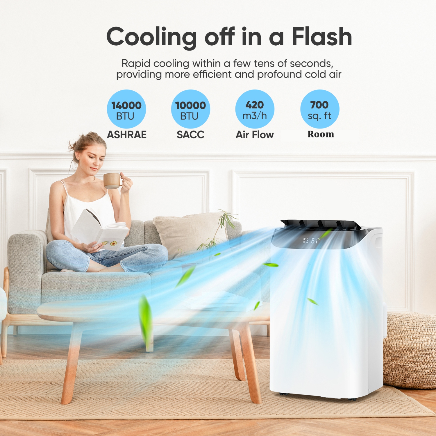 HUMHOLD 14000 BTU Portable Air Conditioners with Remote Control 3-in-1 Free Standing Cooling AC Unit w/ Fan & Dehumidifier, Smart/Sleep Mode, 3
