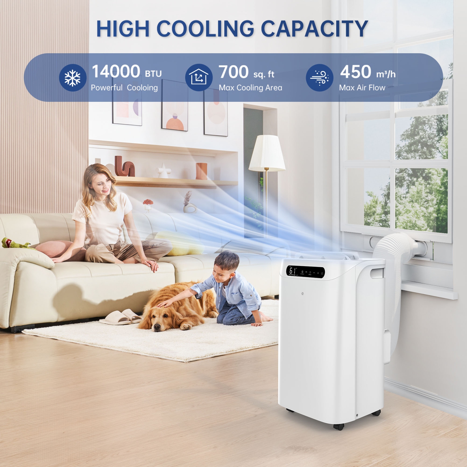 HUMHOLD 14000 BTU Portable Air Conditioners with Remote Control, 3-in-1 Free Stand Smart Cooling AC Unit with Dehumidifier, Fan, Cools Room - White