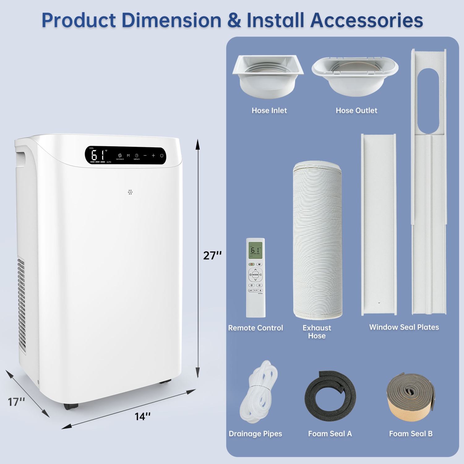 HUMHOLD 14000 BTU Portable Air Conditioners with Remote Control, 3-in-1 Free Stand Smart Cooling AC Unit with Dehumidifier, Fan, Cools Room - White