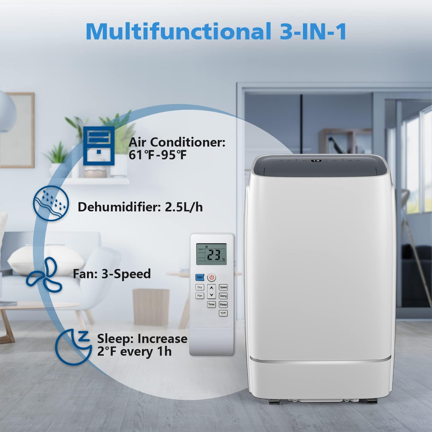 COWSAR 13000 BTU Portable Air Conditioner 4-IN-1 Portable AC Unit 24H Timer Room Air Conditioners 450 Sq.Ft. Coverage ＜53dB Portable Air Conditioners