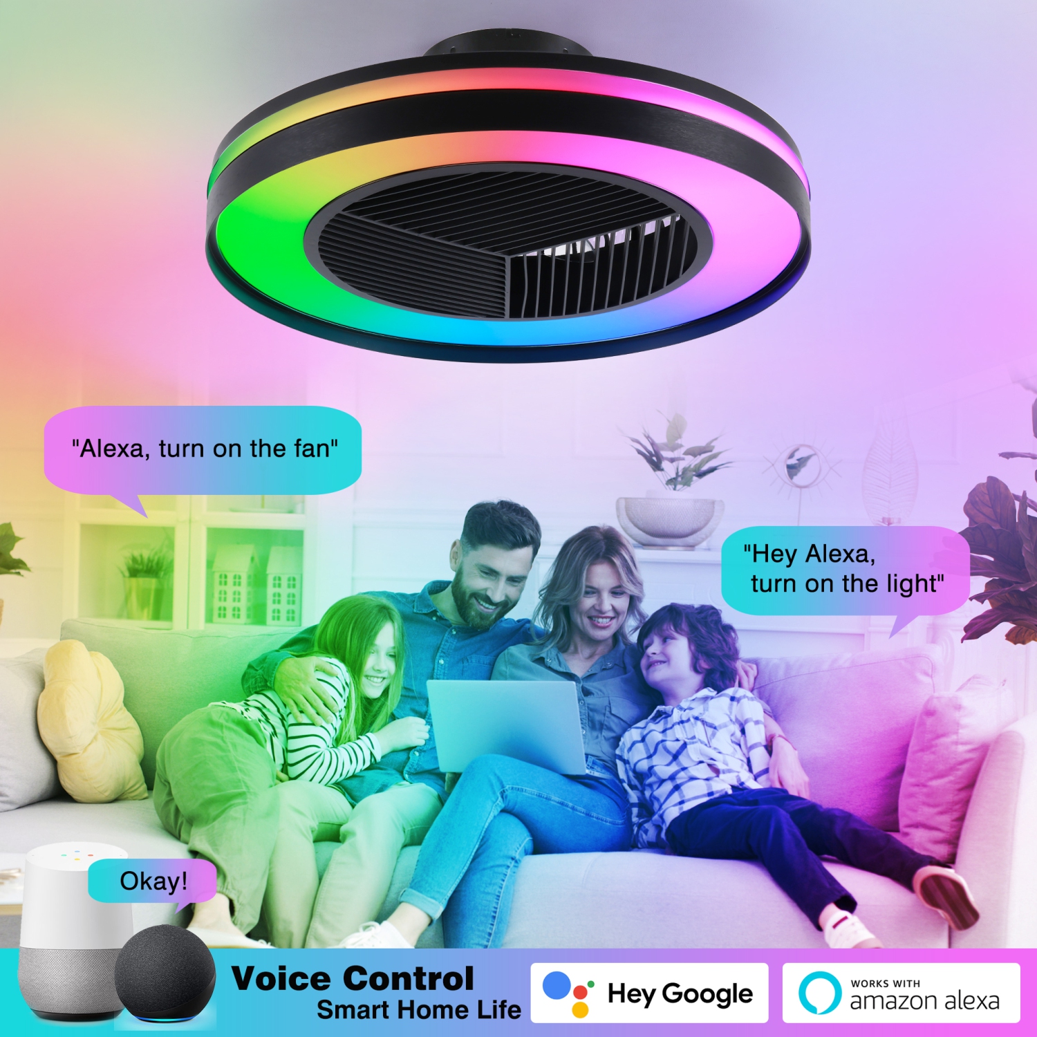 HUMHOLD Smart Low Profile Ceiling Fans w/ RGB Lights Remote/APP/Voice Control, 20" Bladeless w/ 6 Speeds Timer Quiet DC Motor, w/ Light for Kids