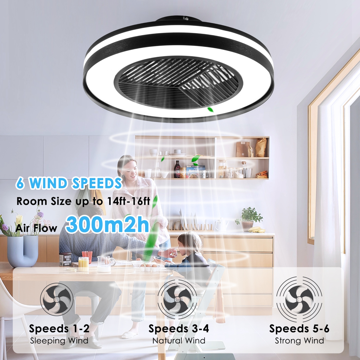 HUMHOLD Smart Low Profile Ceiling Fans w/ RGB Lights Remote/APP/Voice Control, 20" Bladeless w/ 6 Speeds Timer Quiet DC Motor, w/ Light for Kids