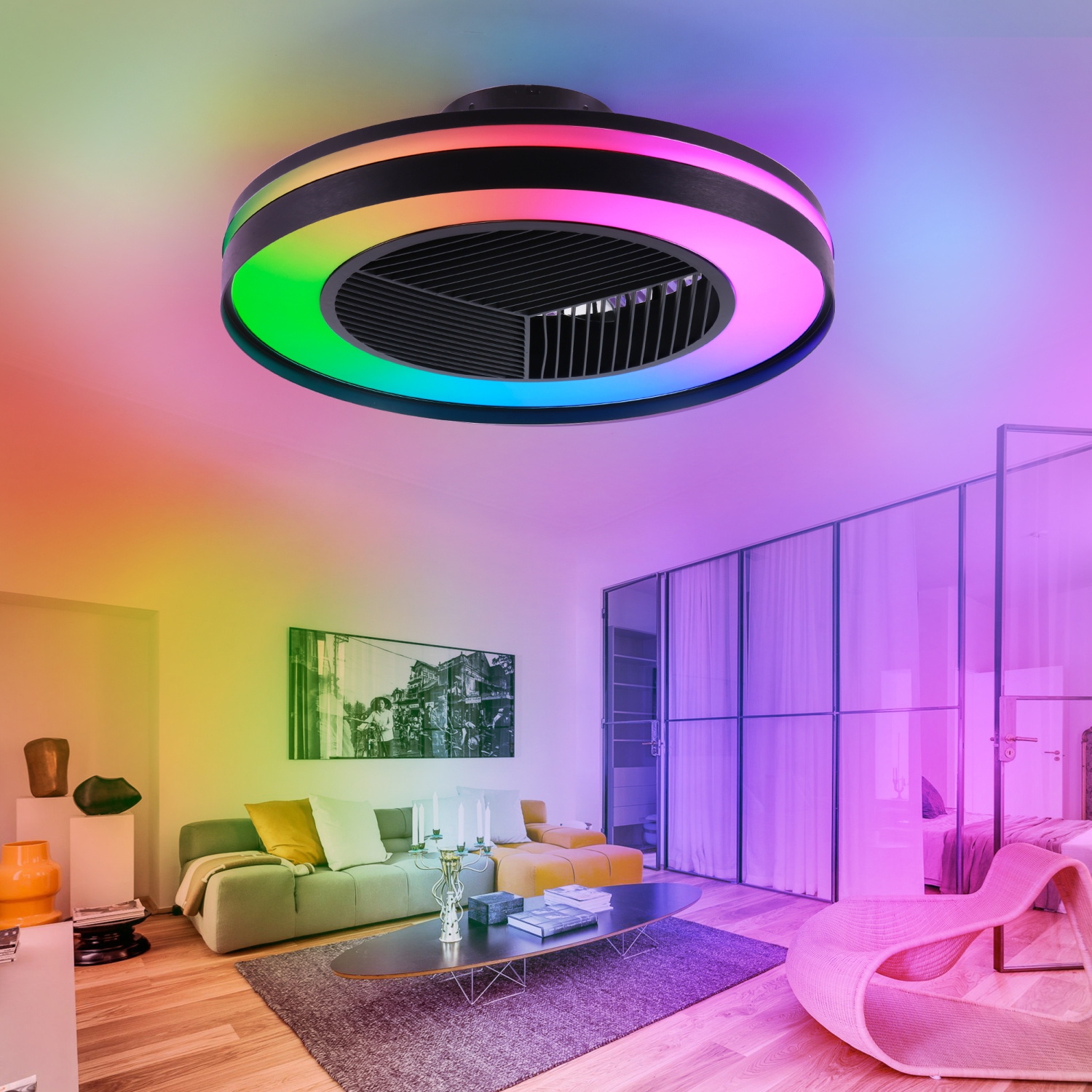 HUMHOLD Smart Low Profile Ceiling Fans w/ RGB Lights Remote/APP/Voice Control, 20" Bladeless w/ 6 Speeds Timer Quiet DC Motor, w/ Light for Kids