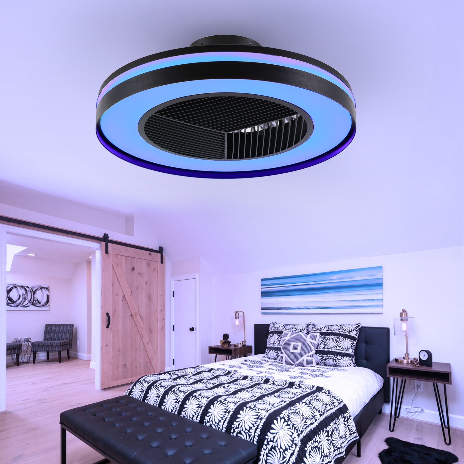 HUMHOLD Smart Low Profile Ceiling Fans w/ RGB Lights Remote/APP/Voice Control, 20" Bladeless w/ 6 Speeds Timer Quiet DC Motor, w/ Light for Kids