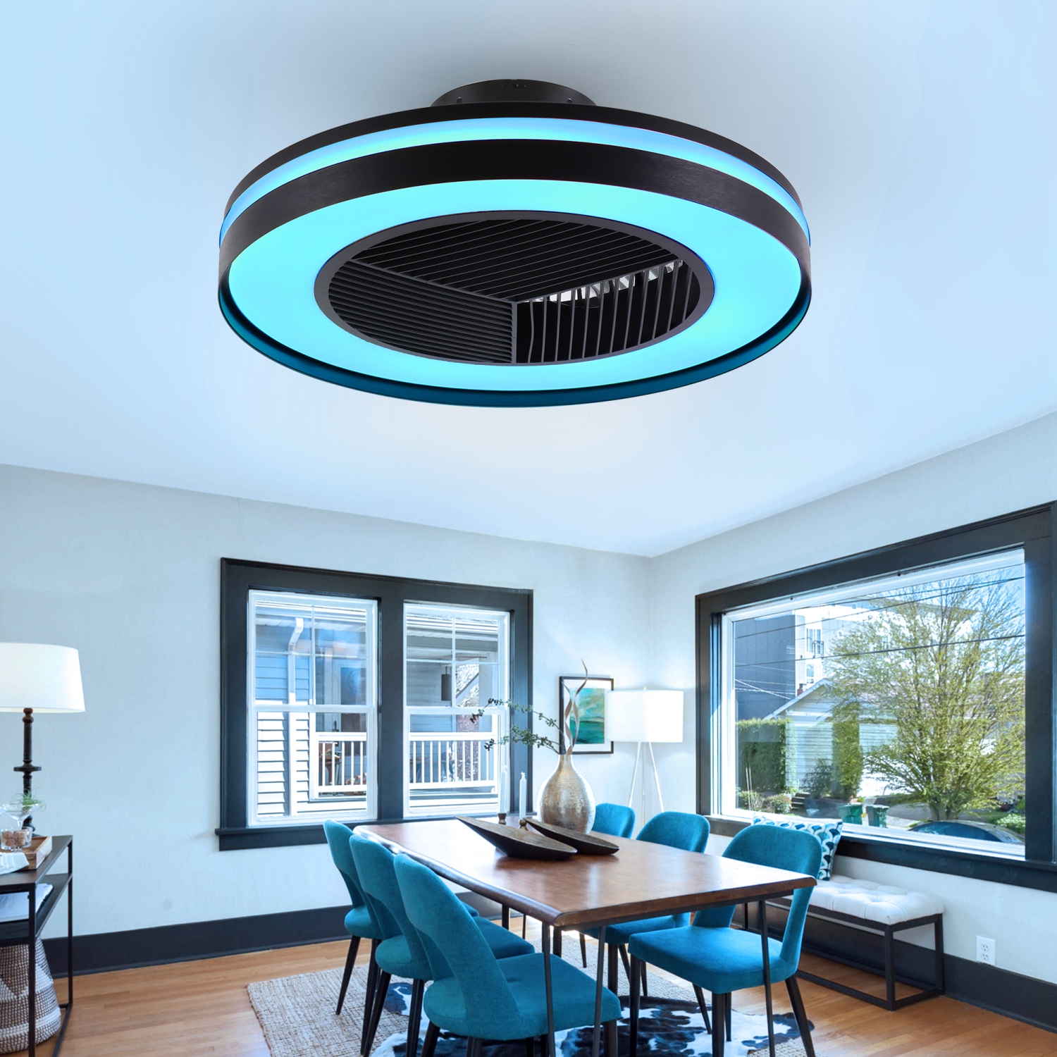 HUMHOLD Smart Low Profile Ceiling Fans w/ RGB Lights Remote/APP/Voice Control, 20" Bladeless w/ 6 Speeds Timer Quiet DC Motor, w/ Light for Kids